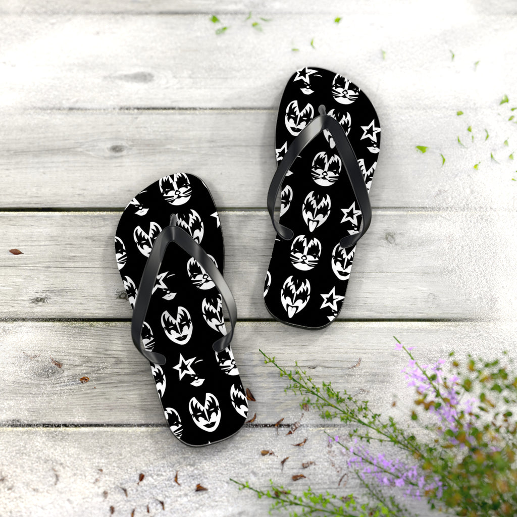 Kiss Band Logo Flip Flops — Black & White Rock Star Beach Sandals