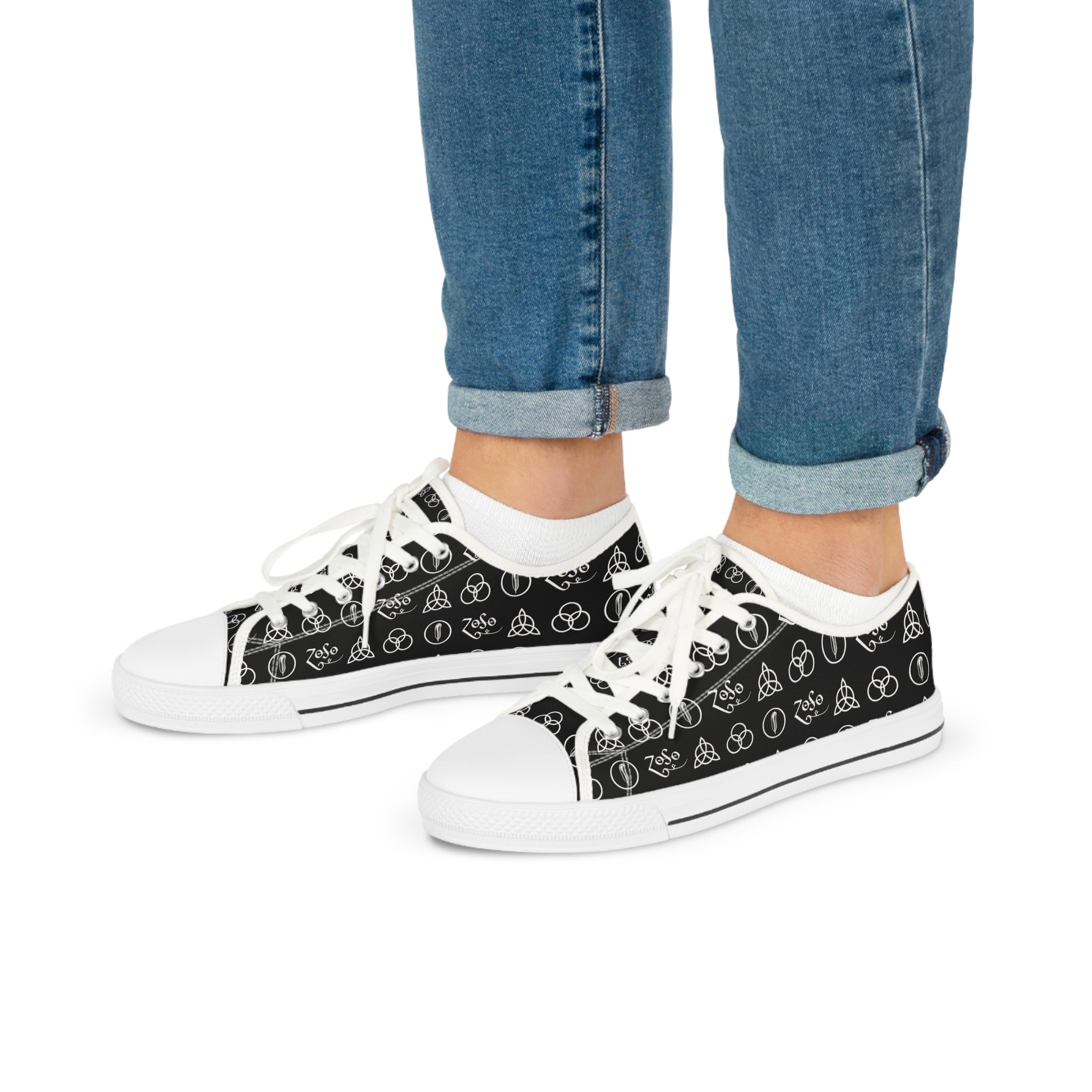 Men's Black Low-Top Sneakers with Led Zeppelin Symbol Pattern