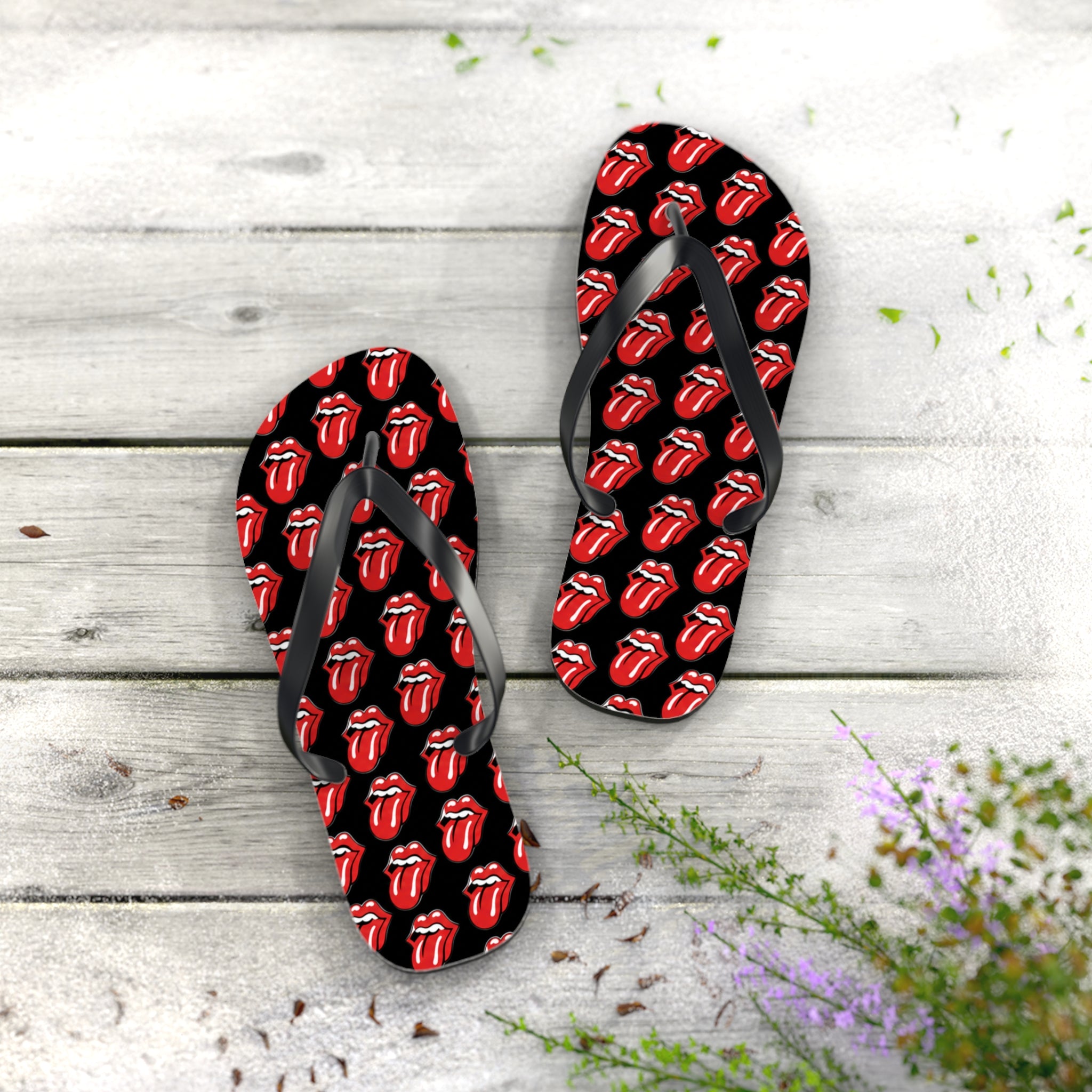 Rolling Stones Flip Flops — Black, Red & White Rock Star Beach Sandals