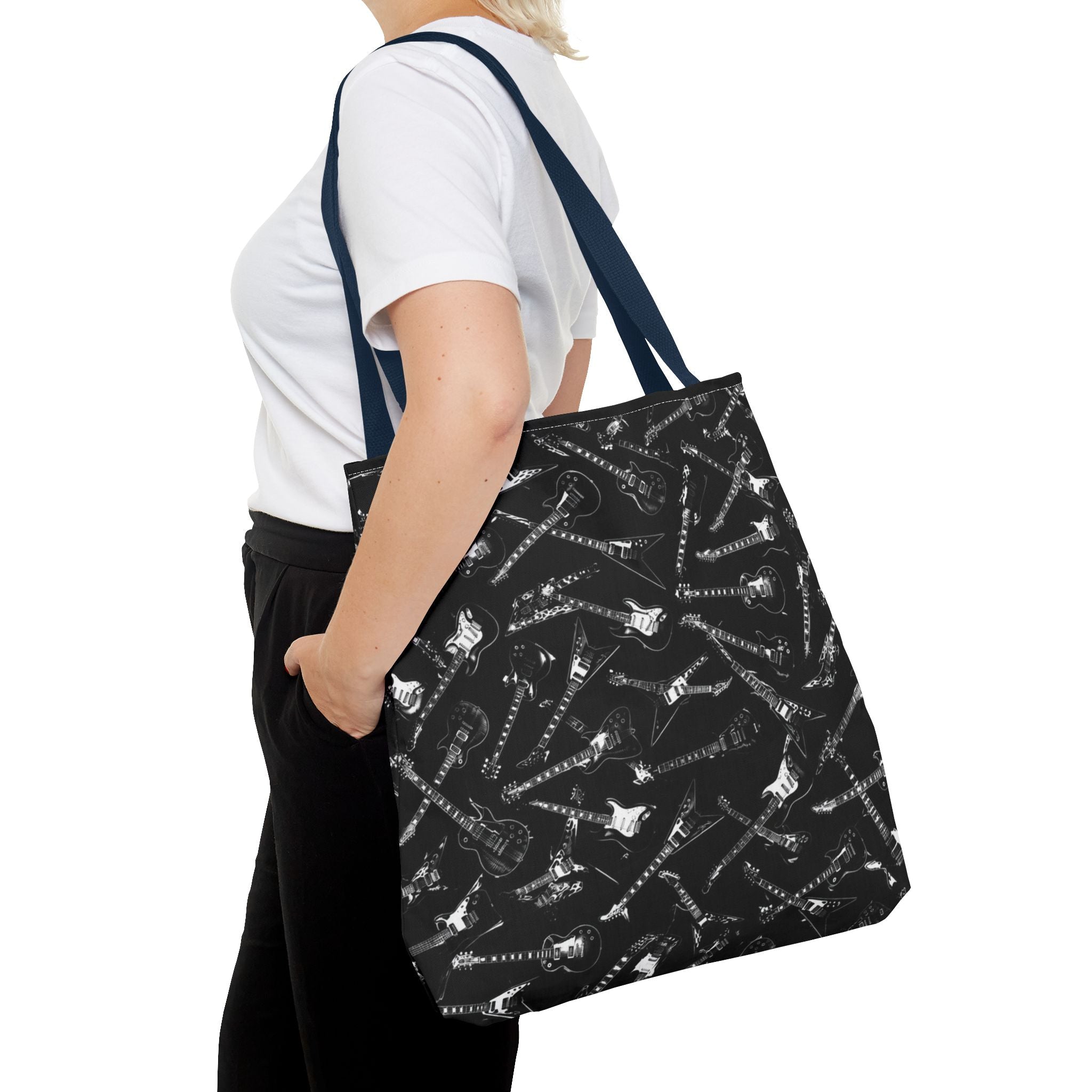 Black Guitar Pattern Tote Bag — Rock Music Instrument All-Over Print