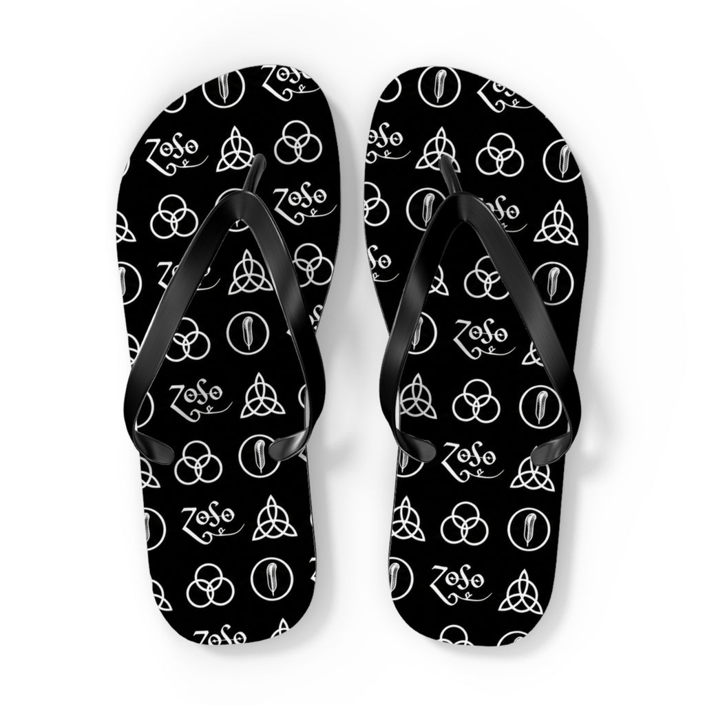 Led Zeppelin symbols Logo Flip Flops — Black & White Rock Star Beach Sandals