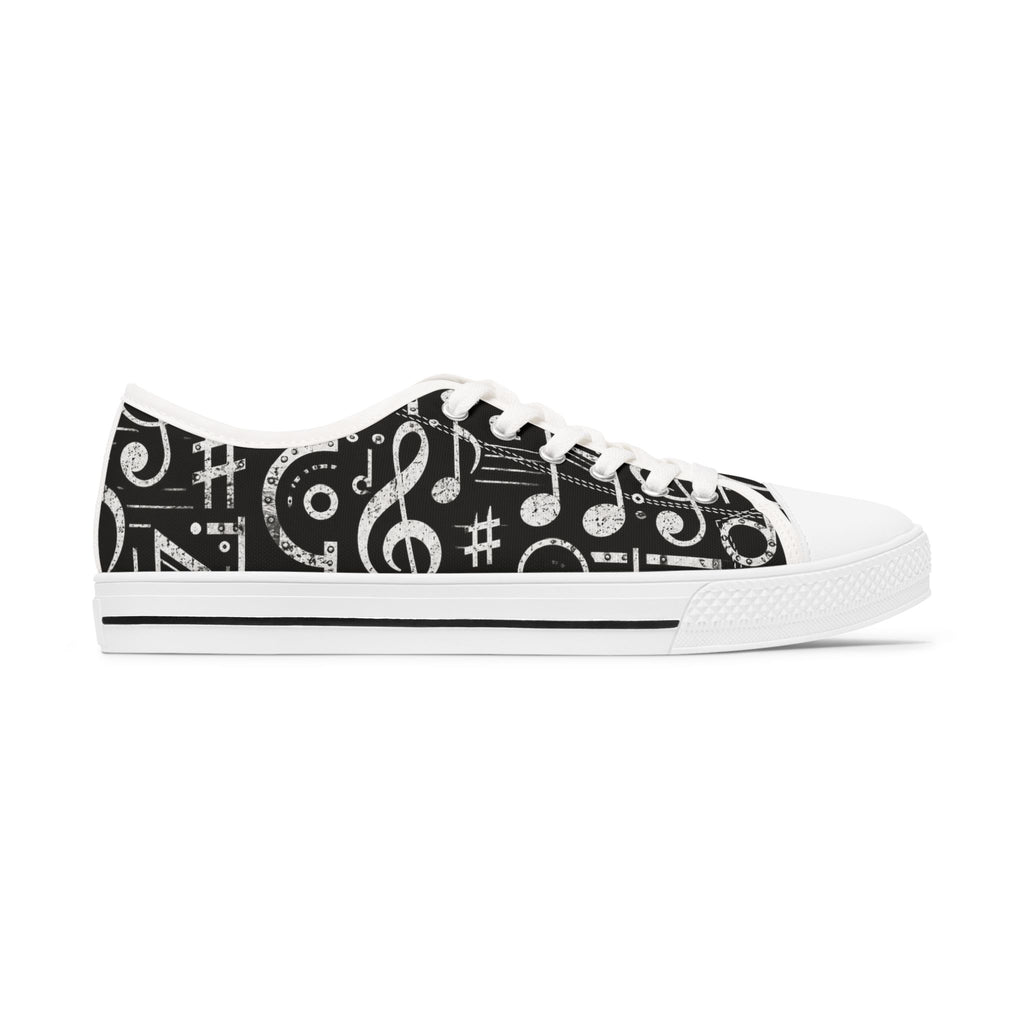 Music Notes Low Top Sneakers — Women’s Black Musical Pattern Canvas Shoes