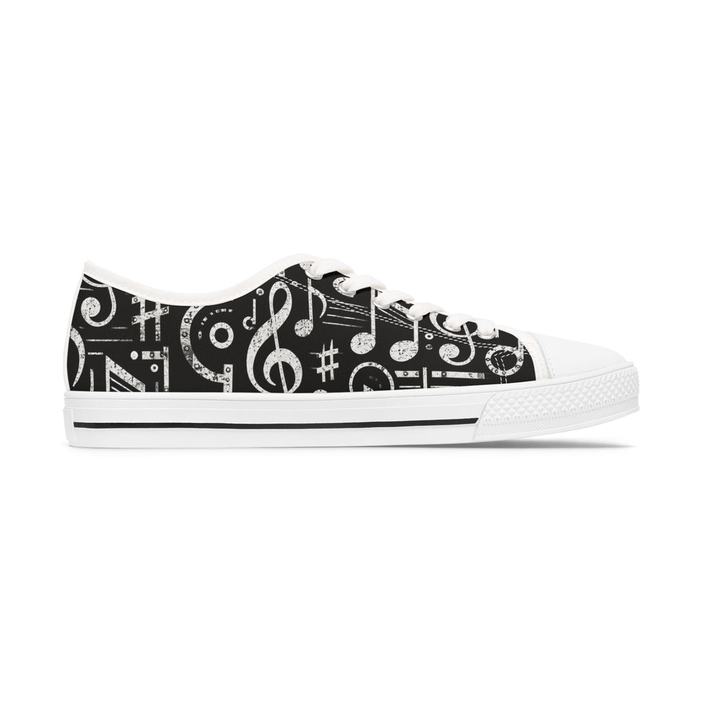 Music Notes Low Top Sneakers — Women’s Black Musical Pattern Canvas Shoes