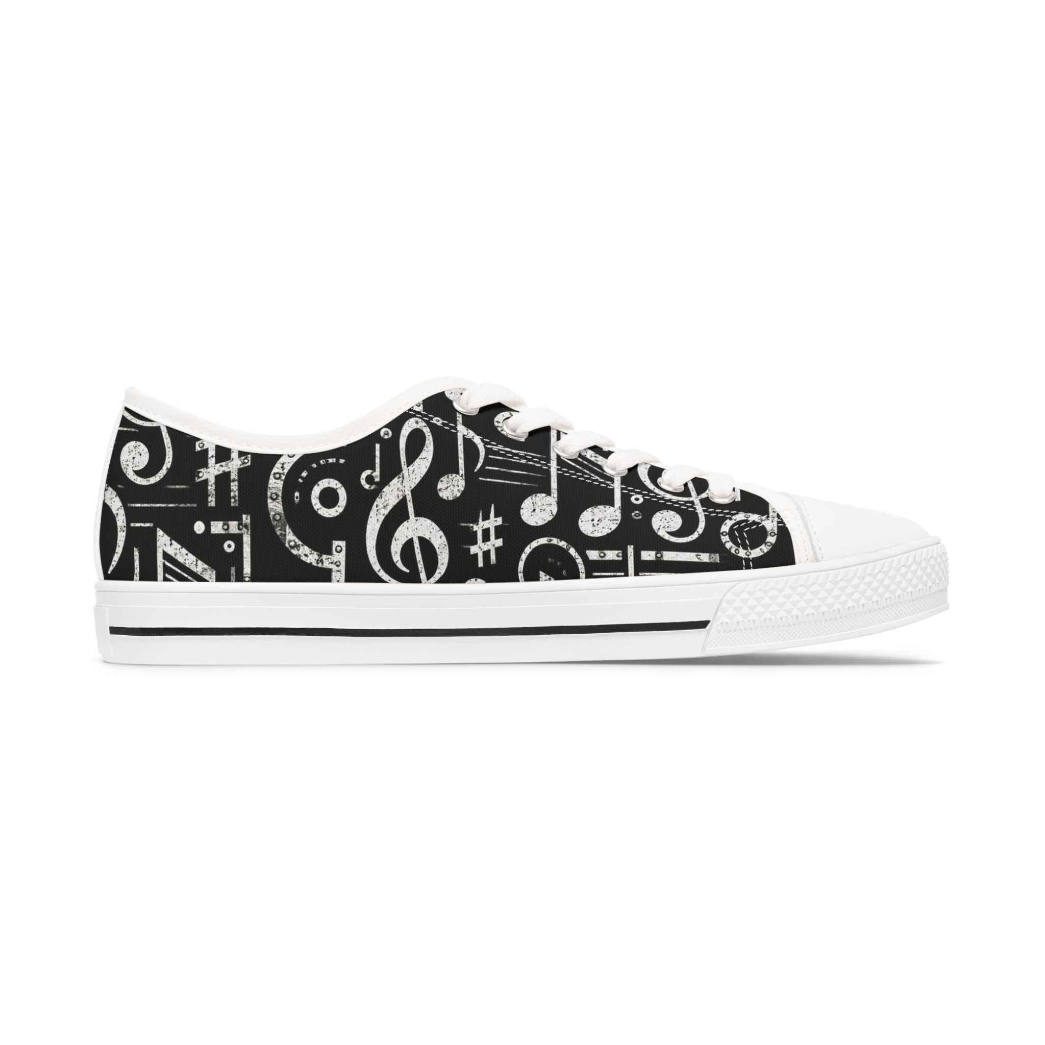 Music Notes Low Top Sneakers — Women’s Black Musical Pattern Canvas Shoes