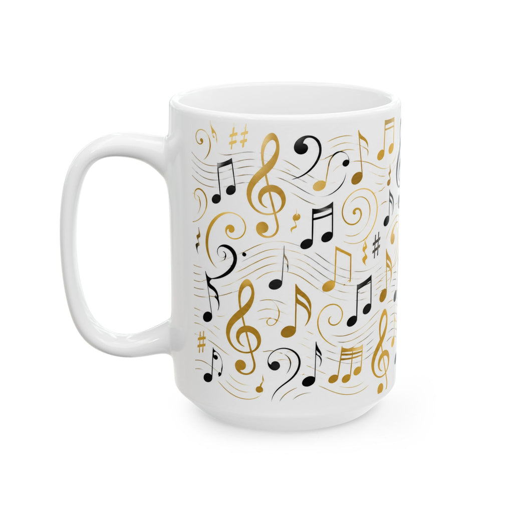 Music Notes Ceramic Mug — Gold & Black Treble Clef Coffee Cup (11oz/15oz)