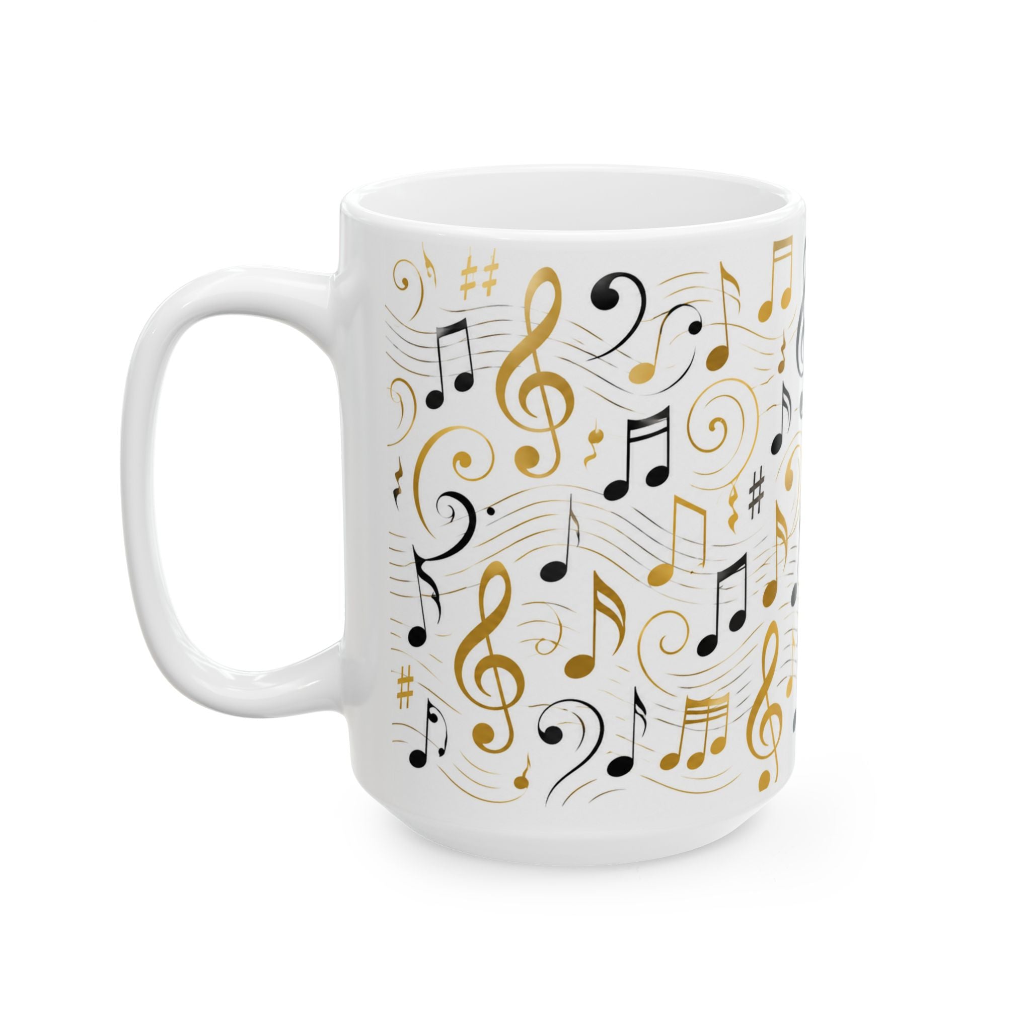 Music Notes Ceramic Mug — Gold & Black Treble Clef Coffee Cup (11oz/15oz)