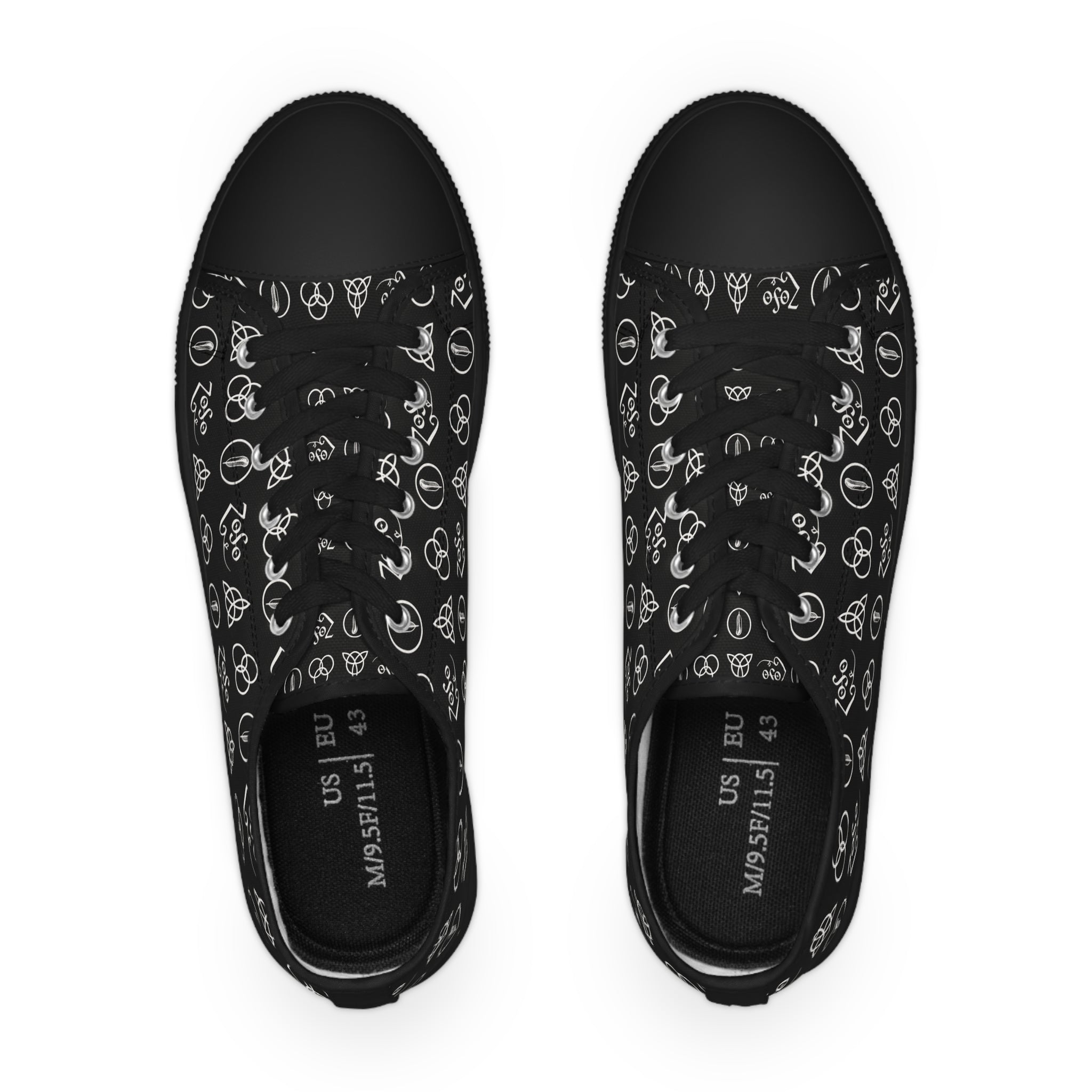 Men's Black Low-Top Sneakers with Led Zeppelin Symbol Pattern