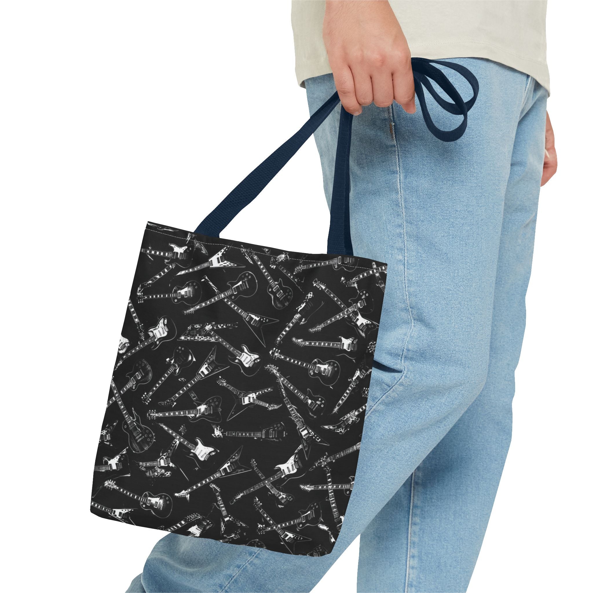 Black Guitar Pattern Tote Bag — Rock Music Instrument All-Over Print