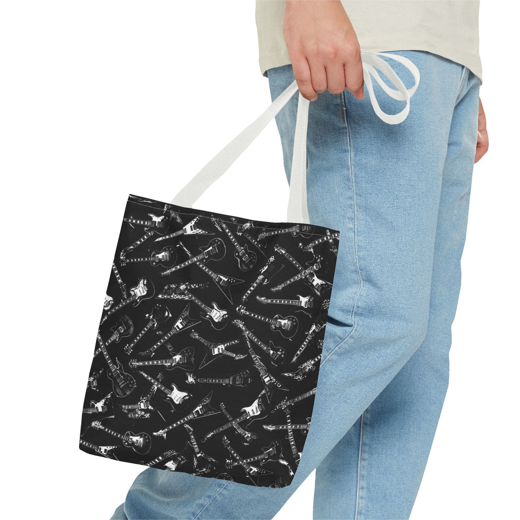 Black Guitar Pattern Tote Bag — Rock Music Instrument All-Over Print