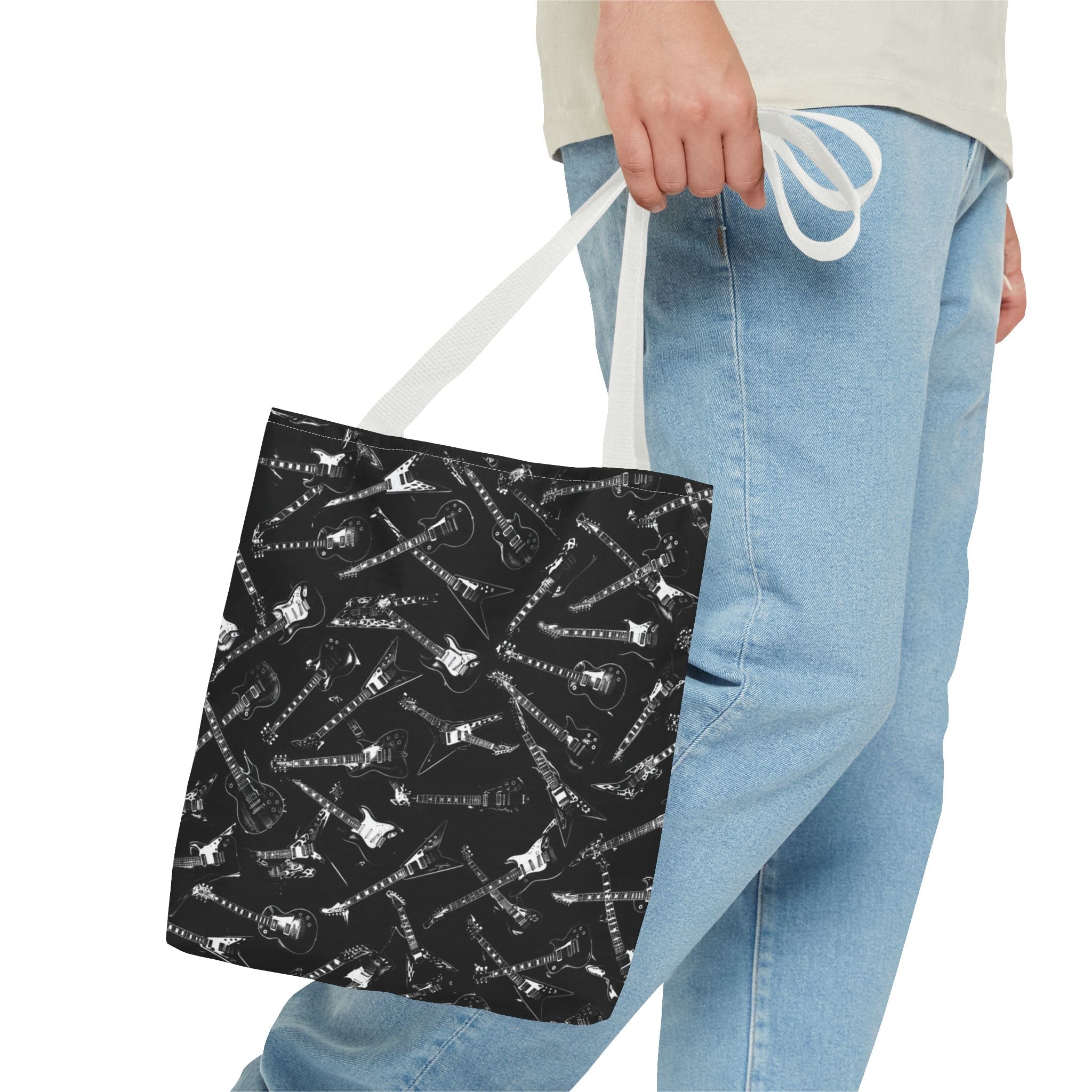 Black Guitar Pattern Tote Bag — Rock Music Instrument All-Over Print