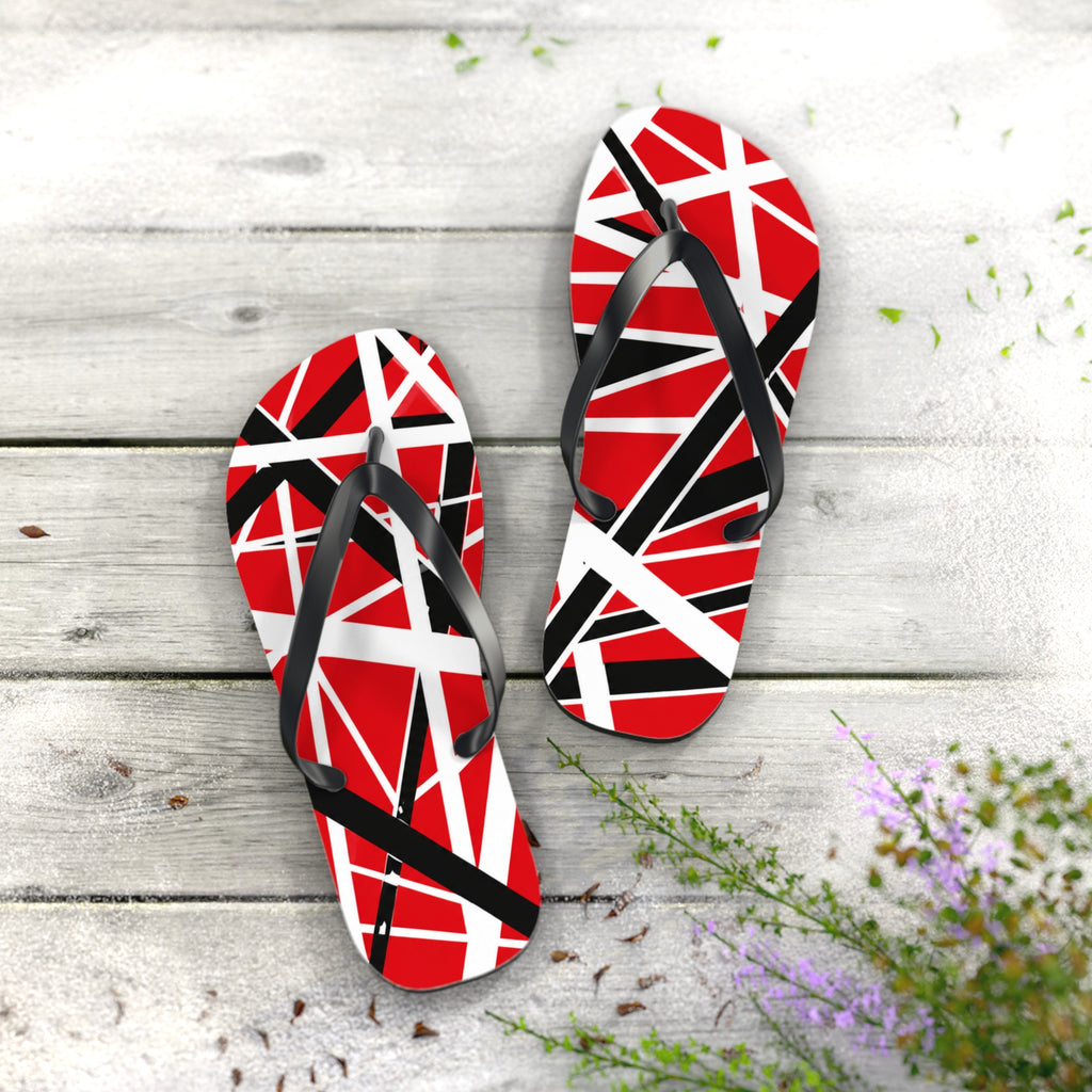 EVH Van Halen Tribute bold Flip Flops — Red Black Geometric Abstract Stripe Summer Sandals