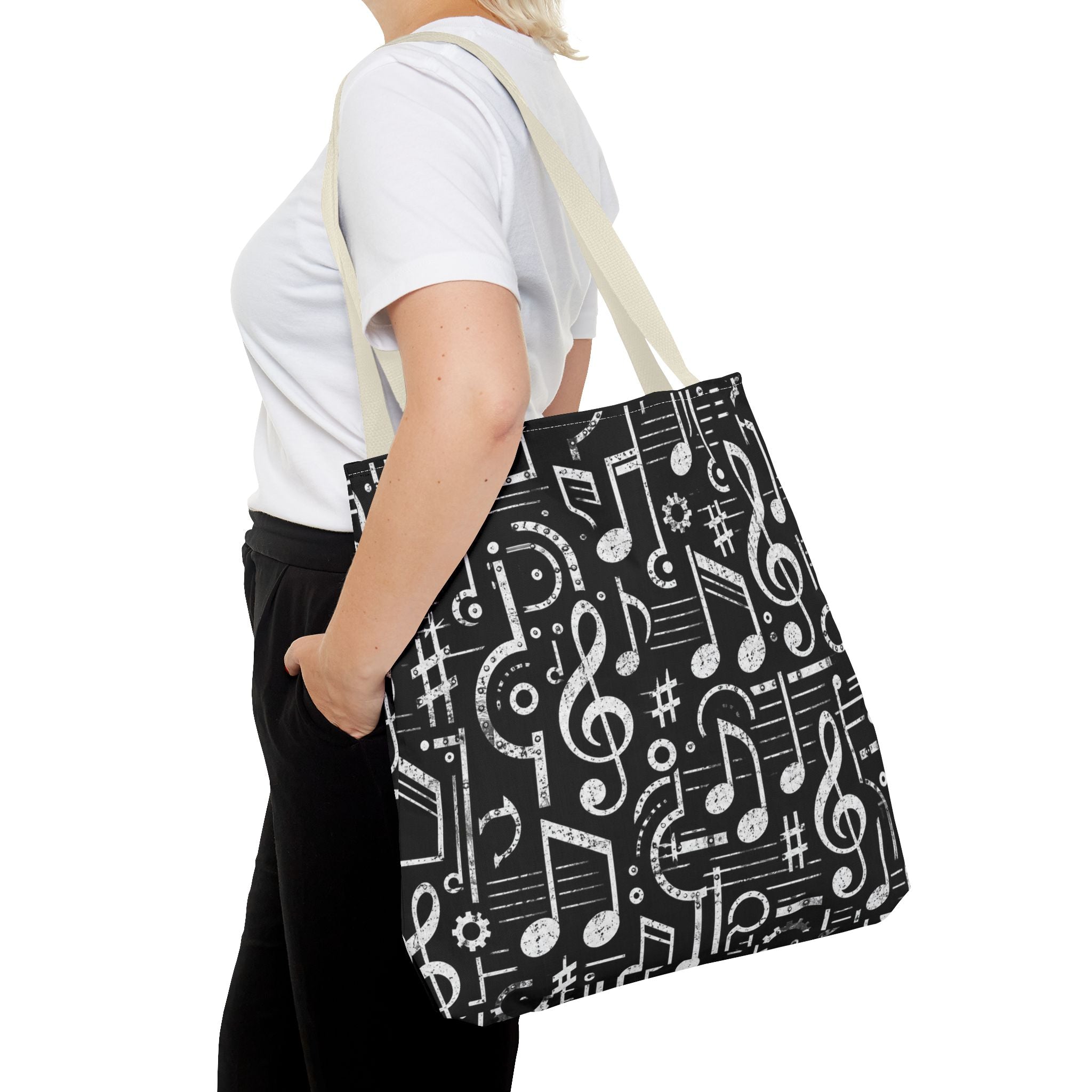Musical Notes Pattern Tote Bag – Black & White Music Lover AOP Tote