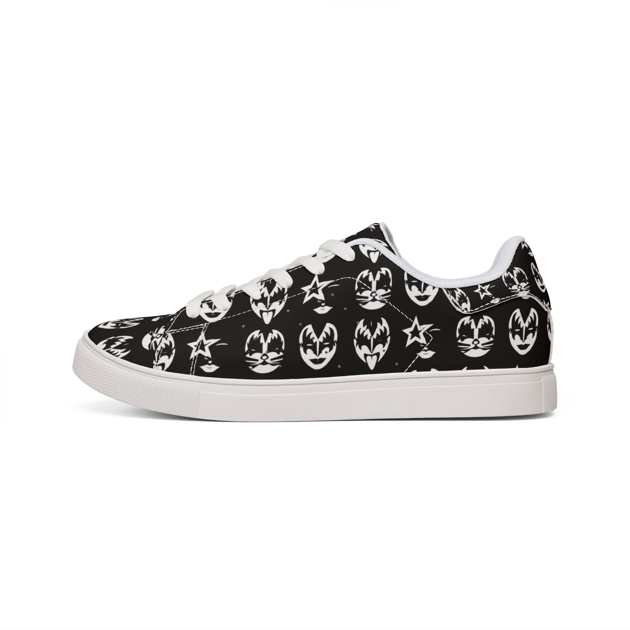 PU Leather Sneakers — Black Rock Kiss Face Pattern Low-Top Shoes