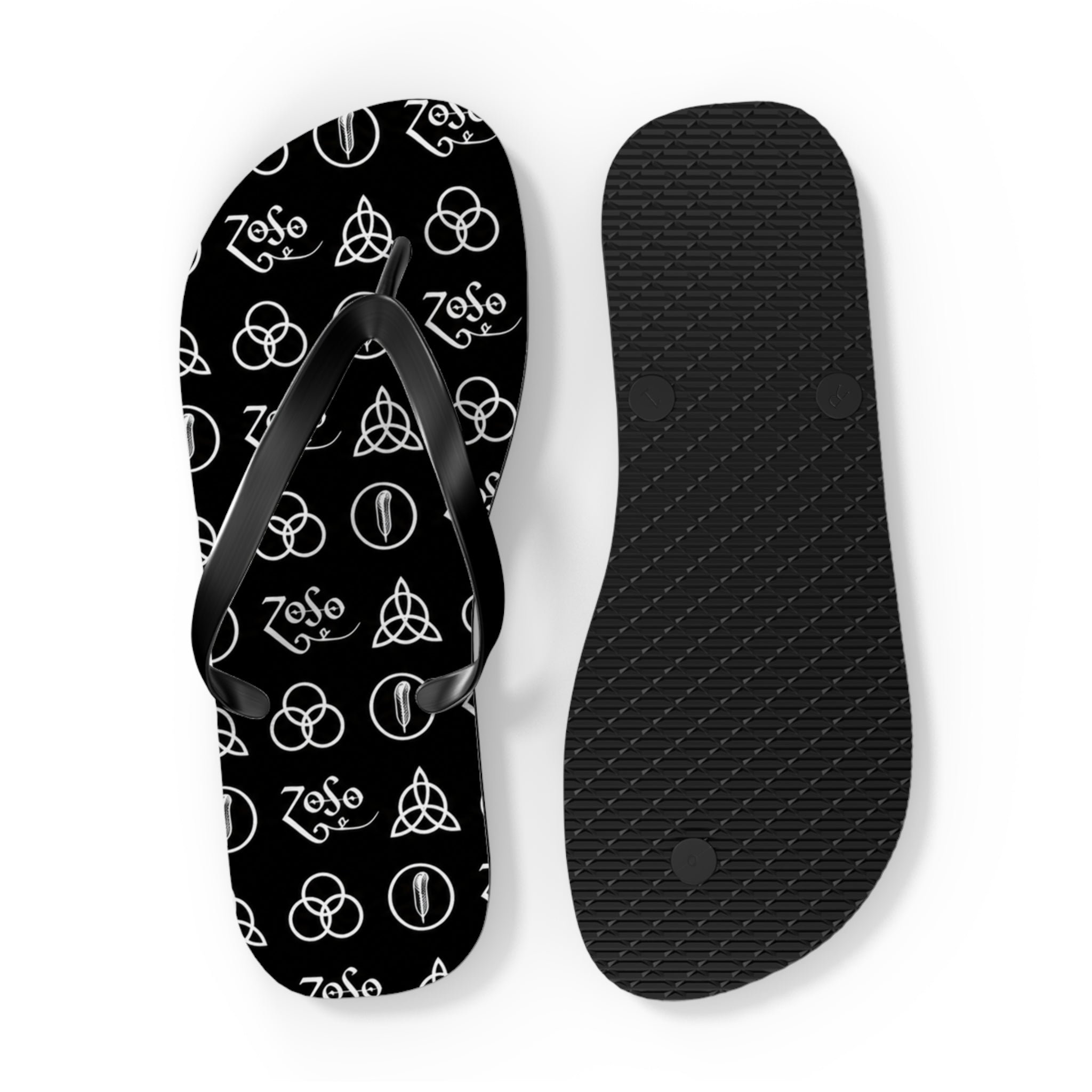 Led Zeppelin symbols Logo Flip Flops — Black & White Rock Star Beach Sandals