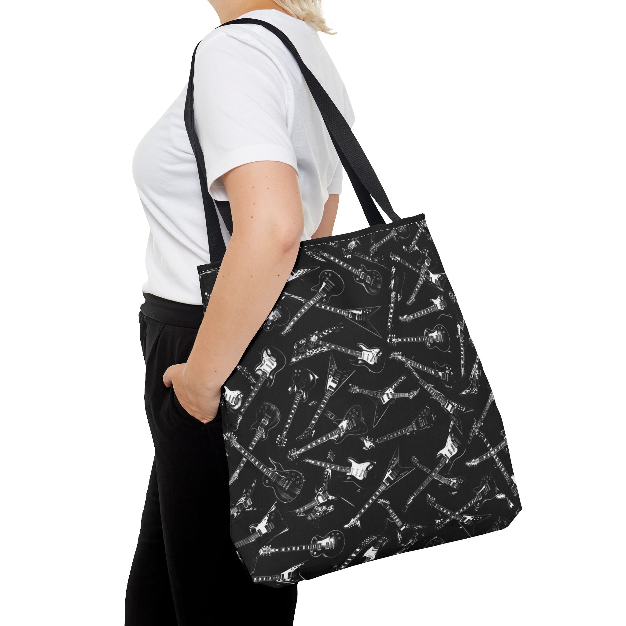 Black Guitar Pattern Tote Bag — Rock Music Instrument All-Over Print