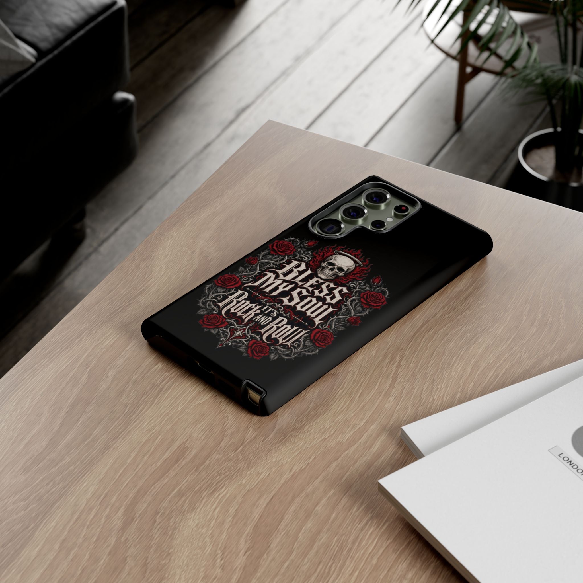 Bless My Soul Rock and Roll Phone Case — Gothic Skull & Roses Tough Case
