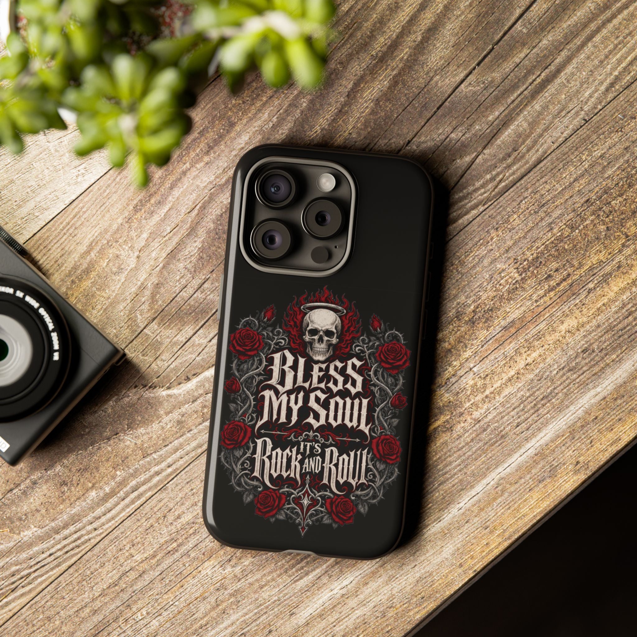 Bless My Soul Rock and Roll Phone Case — Gothic Skull & Roses Tough Case