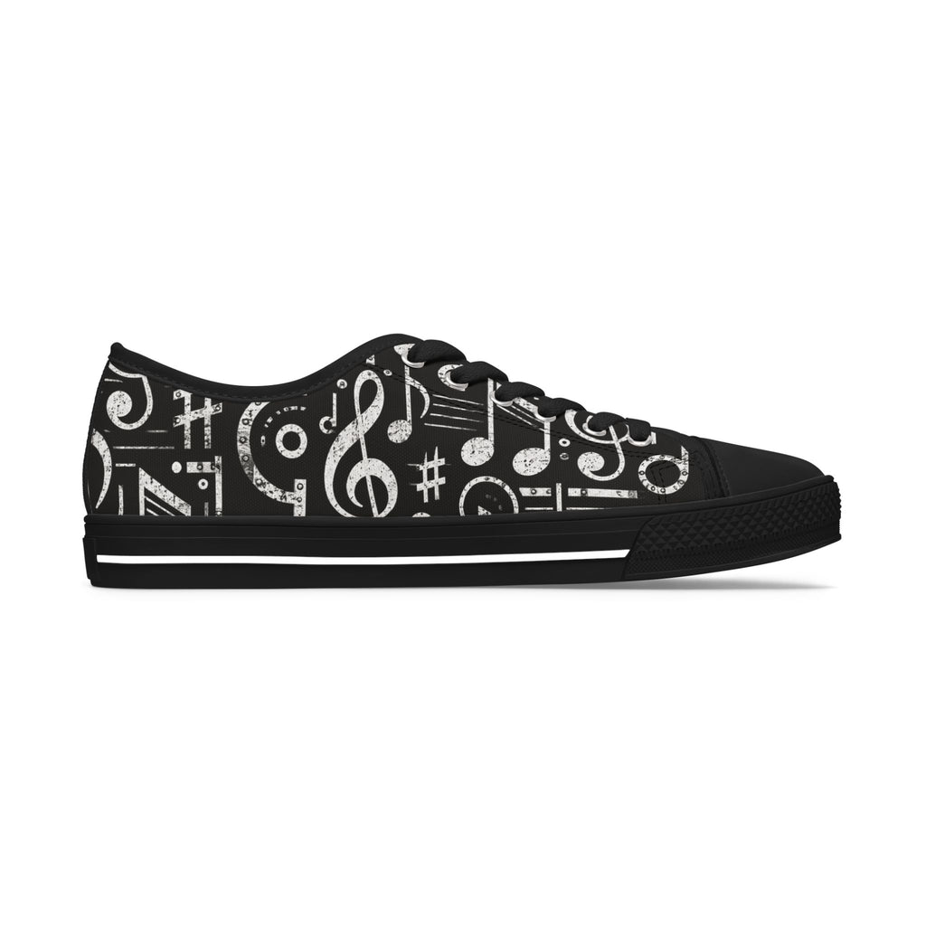 Music Notes Low Top Sneakers — Women’s Black Musical Pattern Canvas Shoes