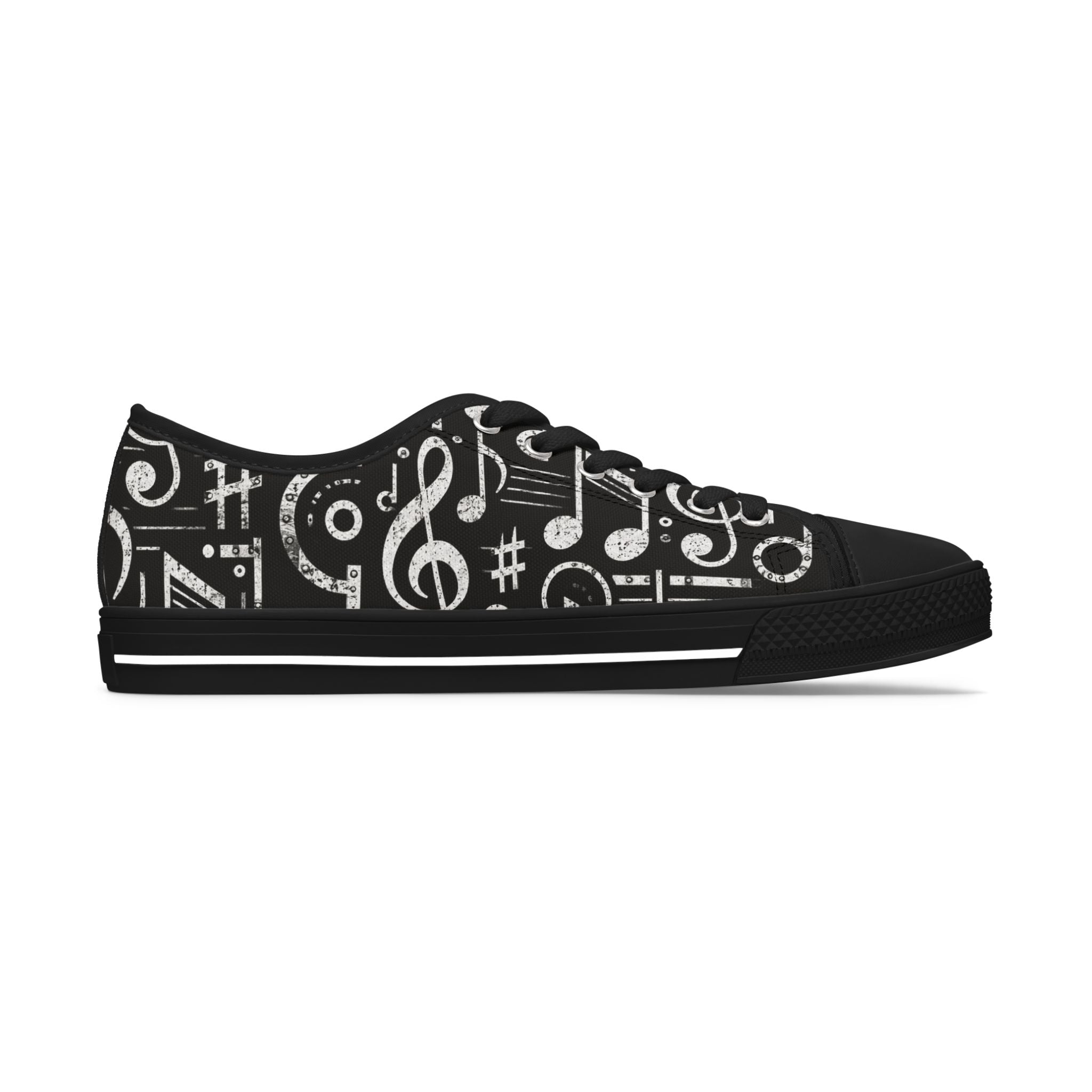 Music Notes Low Top Sneakers — Women’s Black Musical Pattern Canvas Shoes
