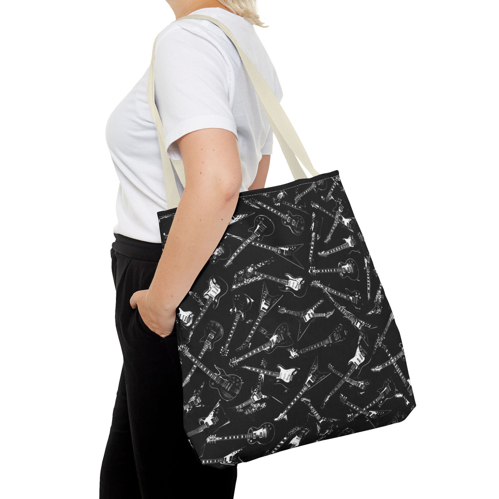 Black Guitar Pattern Tote Bag — Rock Music Instrument All-Over Print