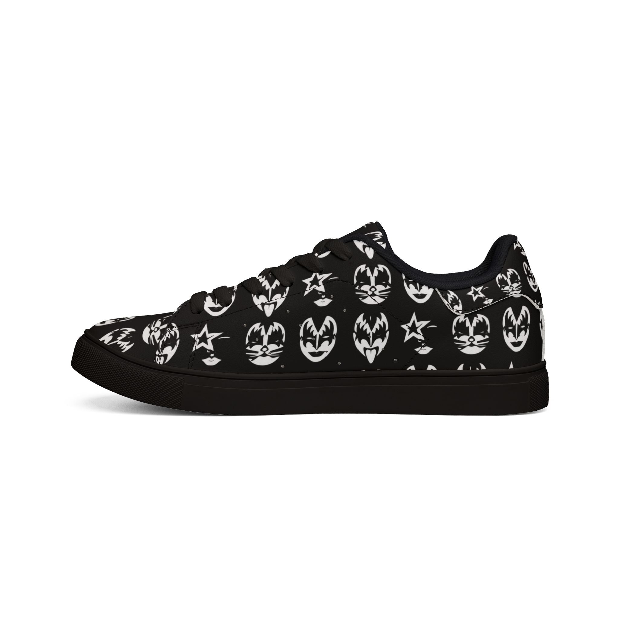 PU Leather Sneakers — Black Rock Kiss Face Pattern Low-Top Shoes