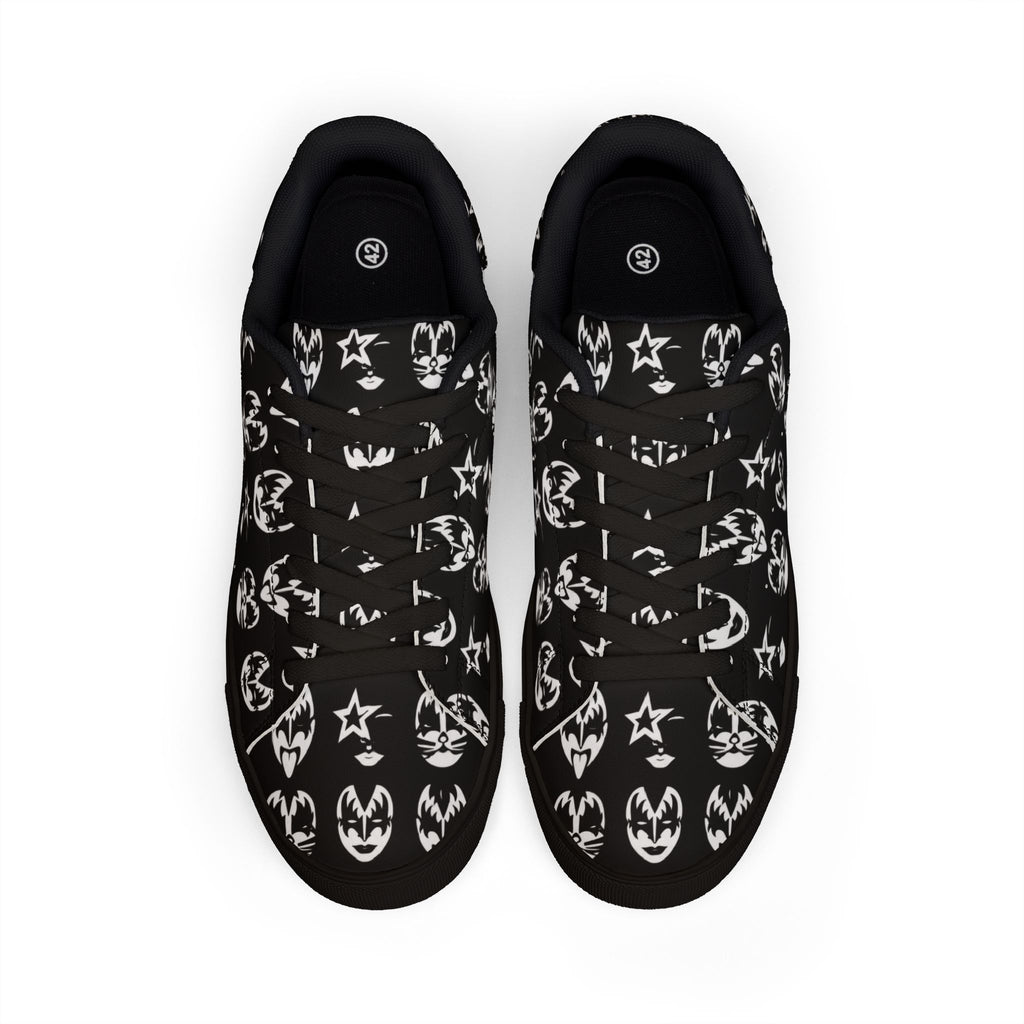 PU Leather Sneakers — Black Rock Kiss Face Pattern Low-Top Shoes