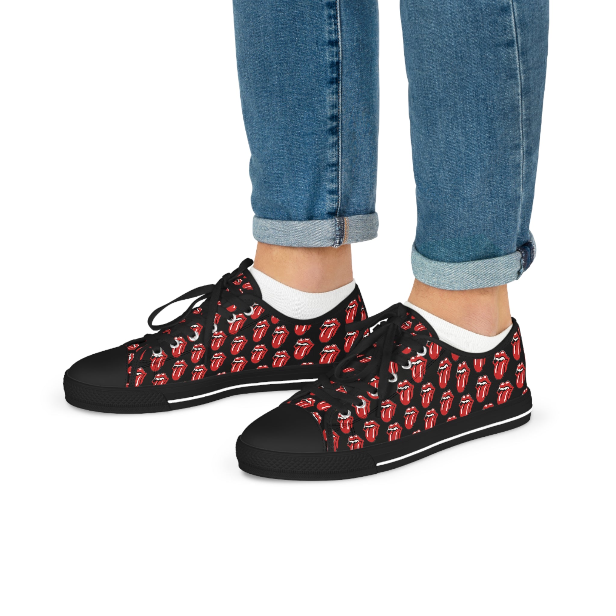 Men's Black Low-Top Sneakers with Rolling Stones Pattern