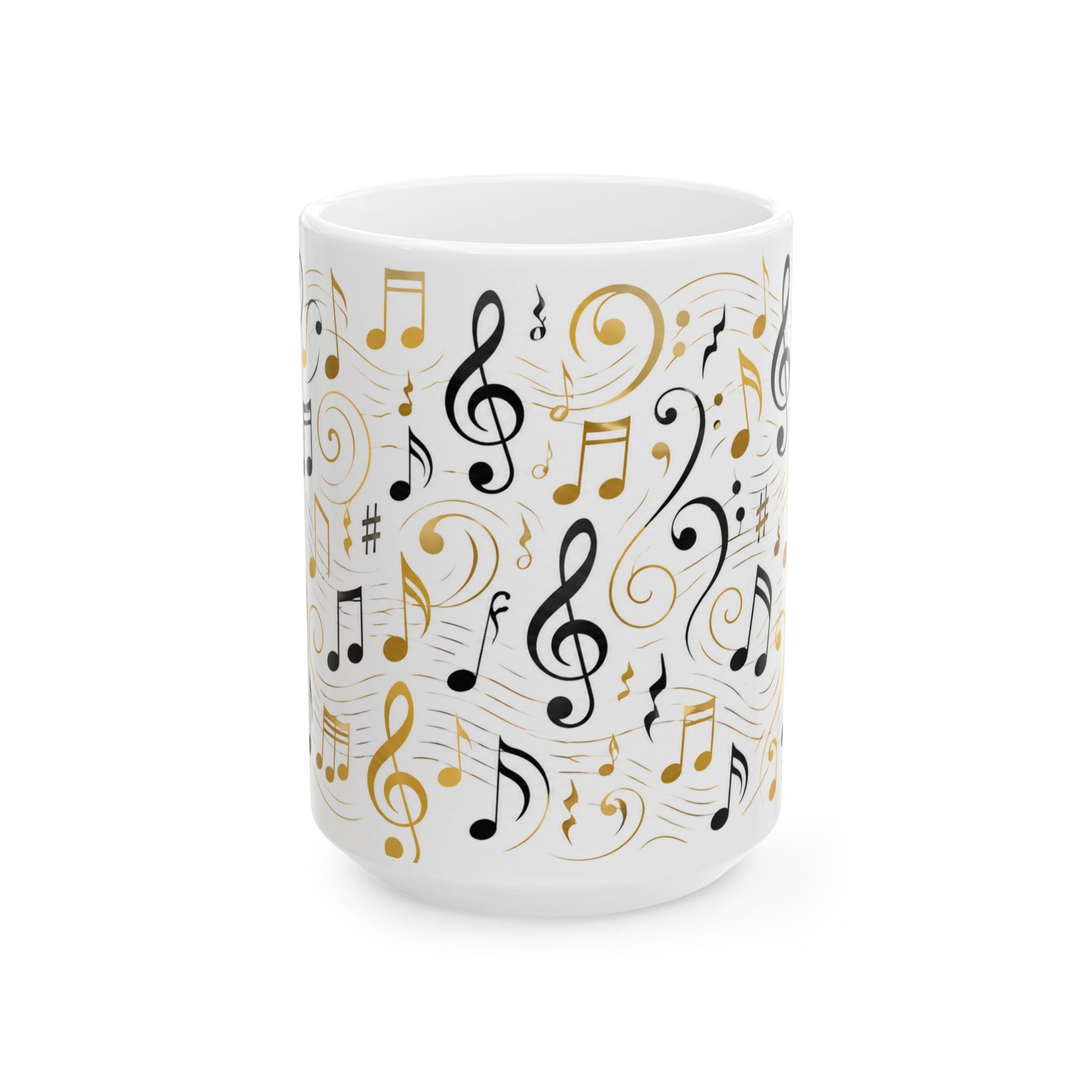 Music Notes Ceramic Mug — Gold & Black Treble Clef Coffee Cup (11oz/15oz)