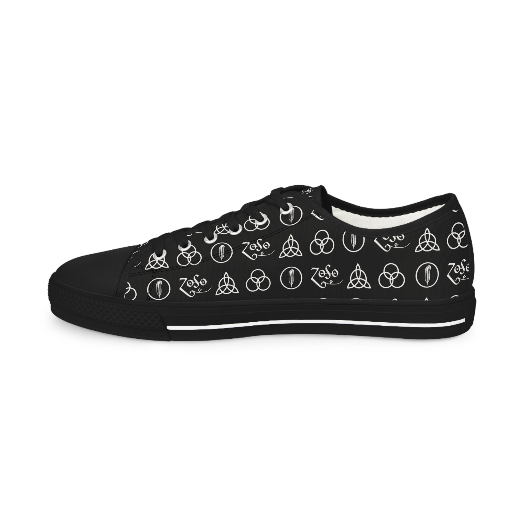 Men's Black Low-Top Sneakers with Led Zeppelin Symbol Pattern