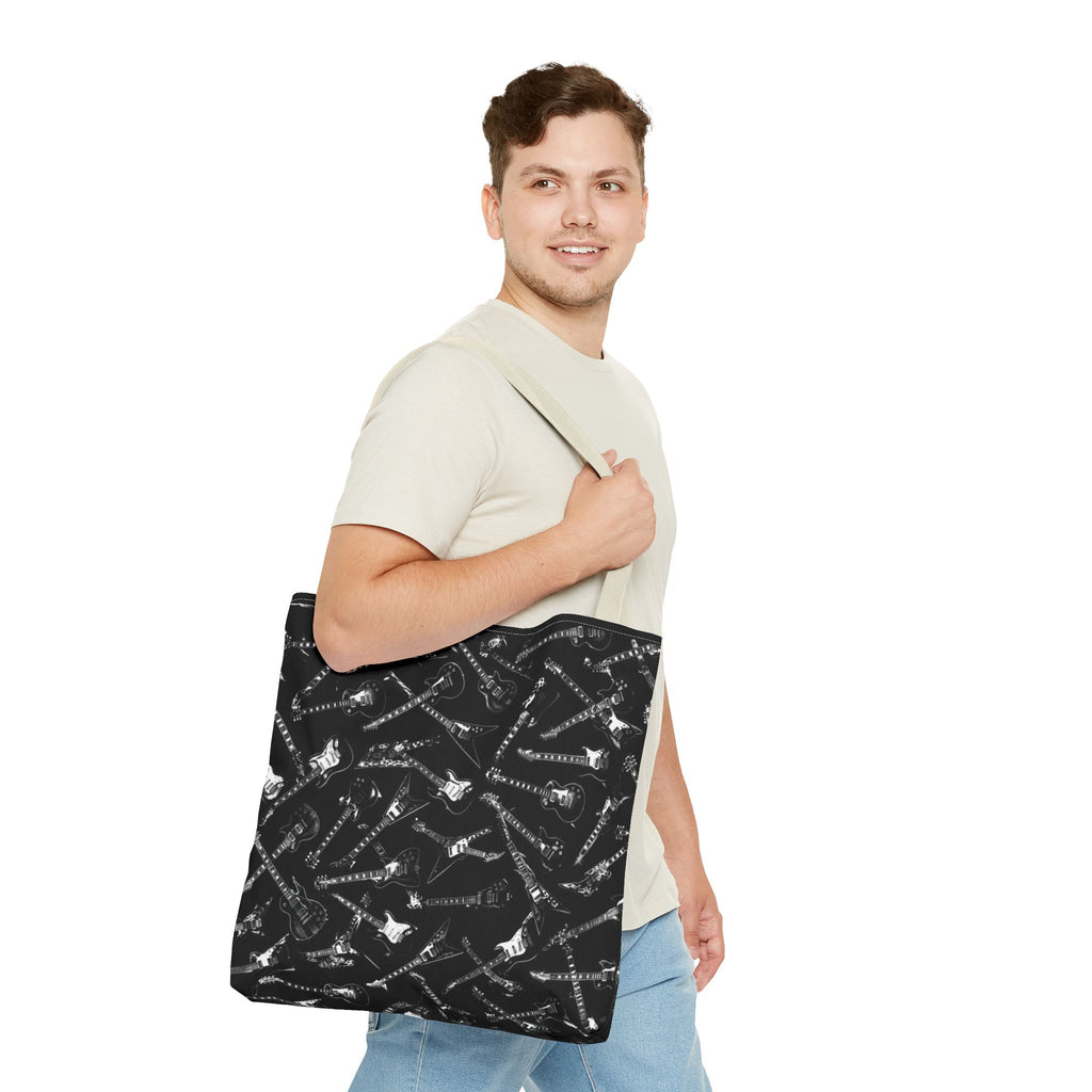 Black Guitar Pattern Tote Bag — Rock Music Instrument All-Over Print