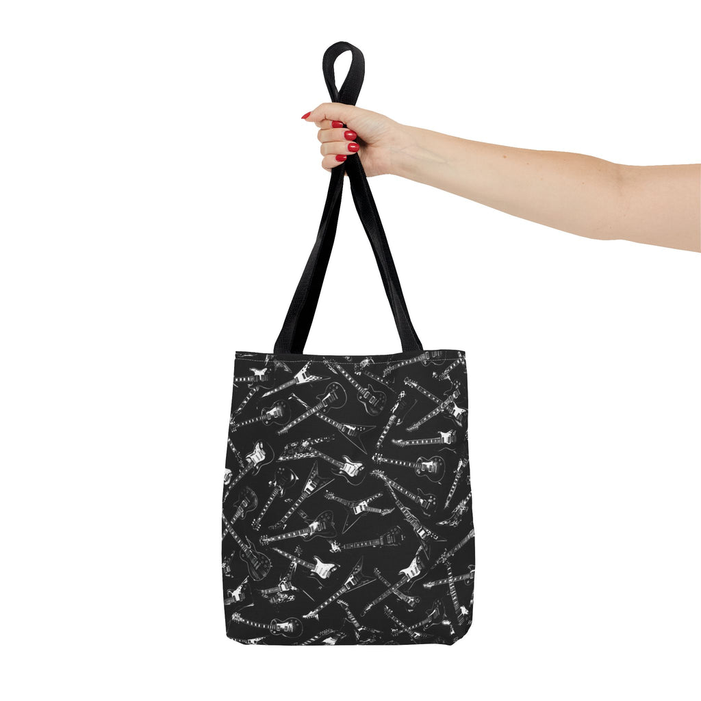 Black Guitar Pattern Tote Bag — Rock Music Instrument All-Over Print