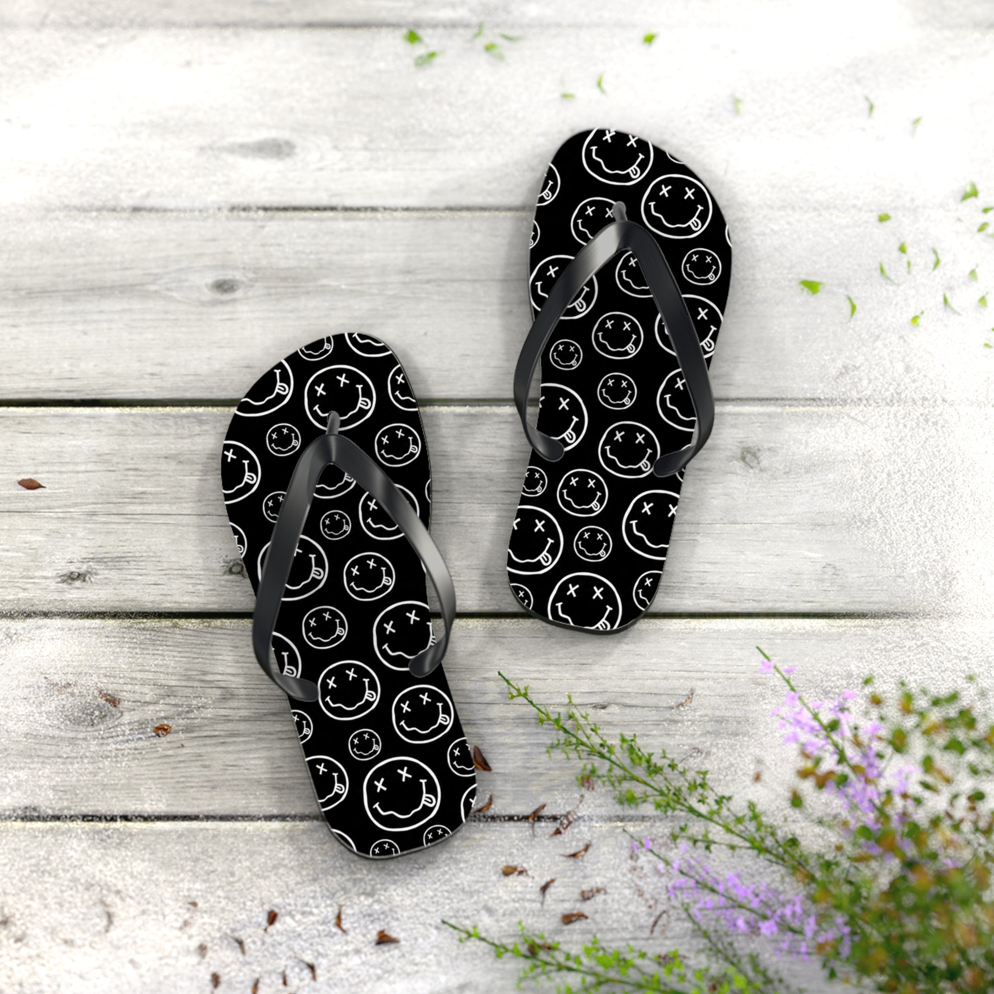 Nirvana Flip Flops — Black, Black & White Rock Star Beach Sandals