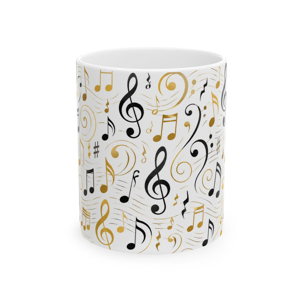 Music Notes Ceramic Mug — Gold & Black Treble Clef Coffee Cup (11oz/15oz)
