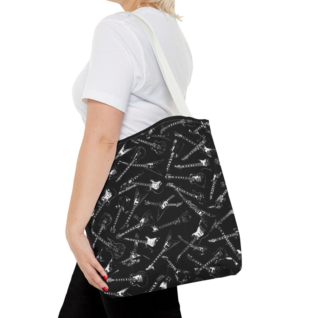 Black Guitar Pattern Tote Bag — Rock Music Instrument All-Over Print