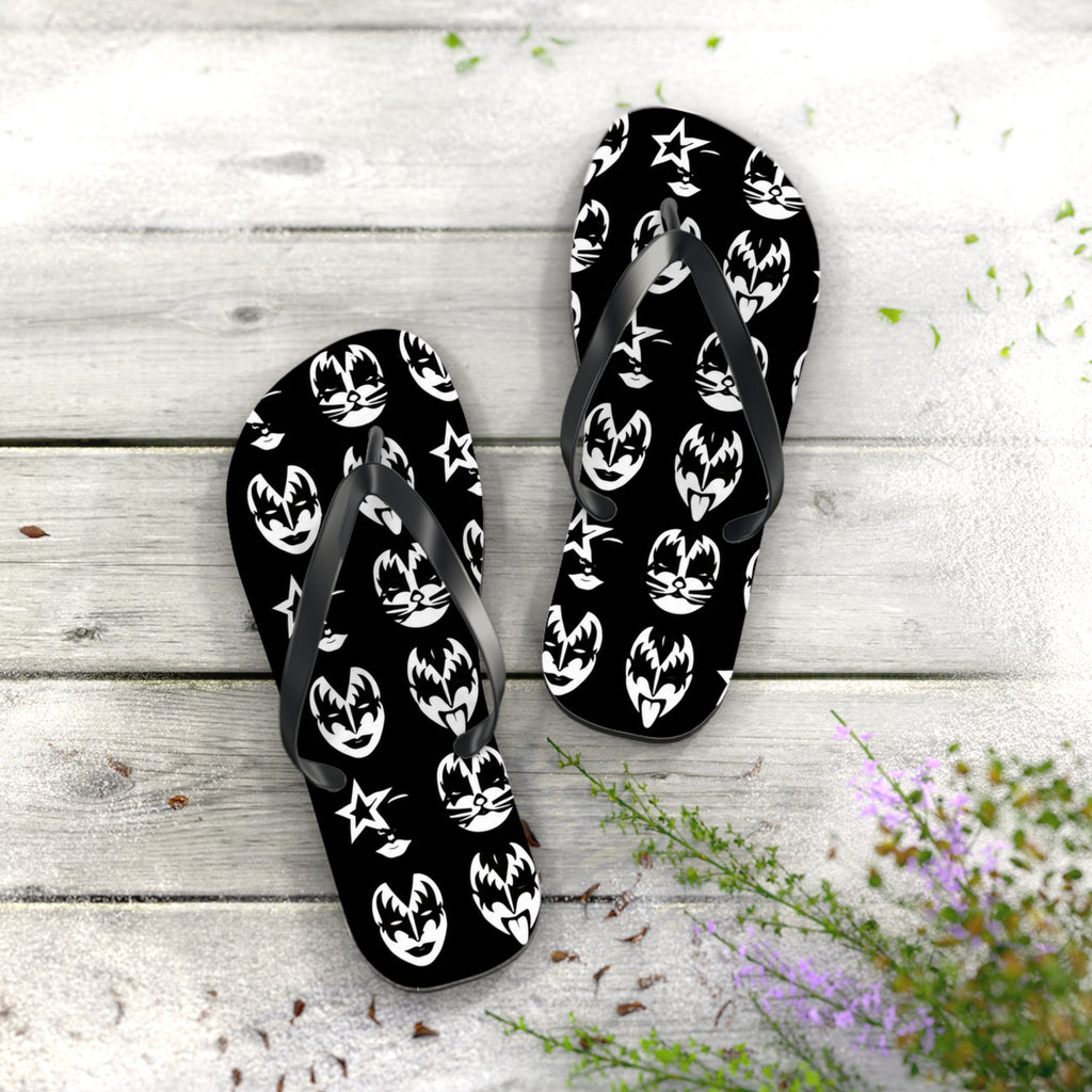 Kiss Band Logo Flip Flops — Black & White Rock Star Beach Sandals