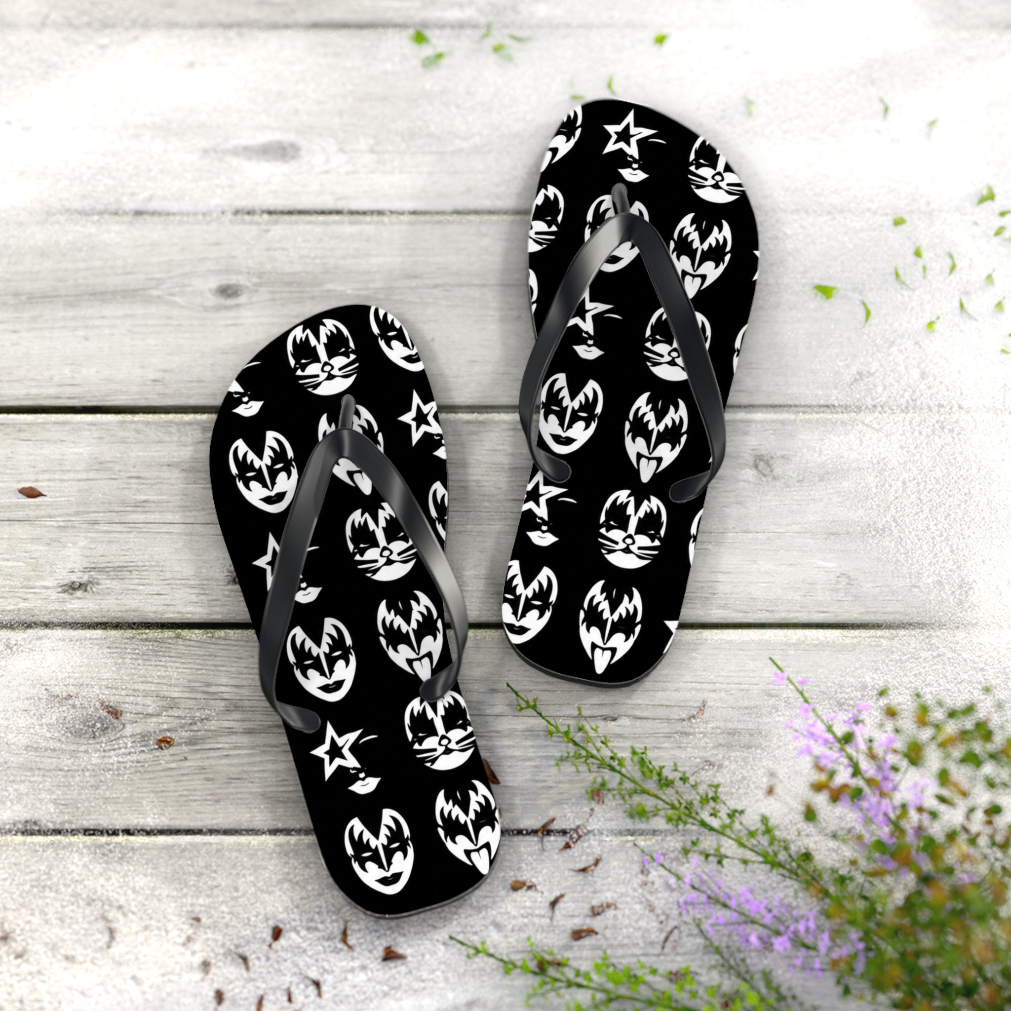 Kiss Band Logo Flip Flops — Black & White Rock Star Beach Sandals