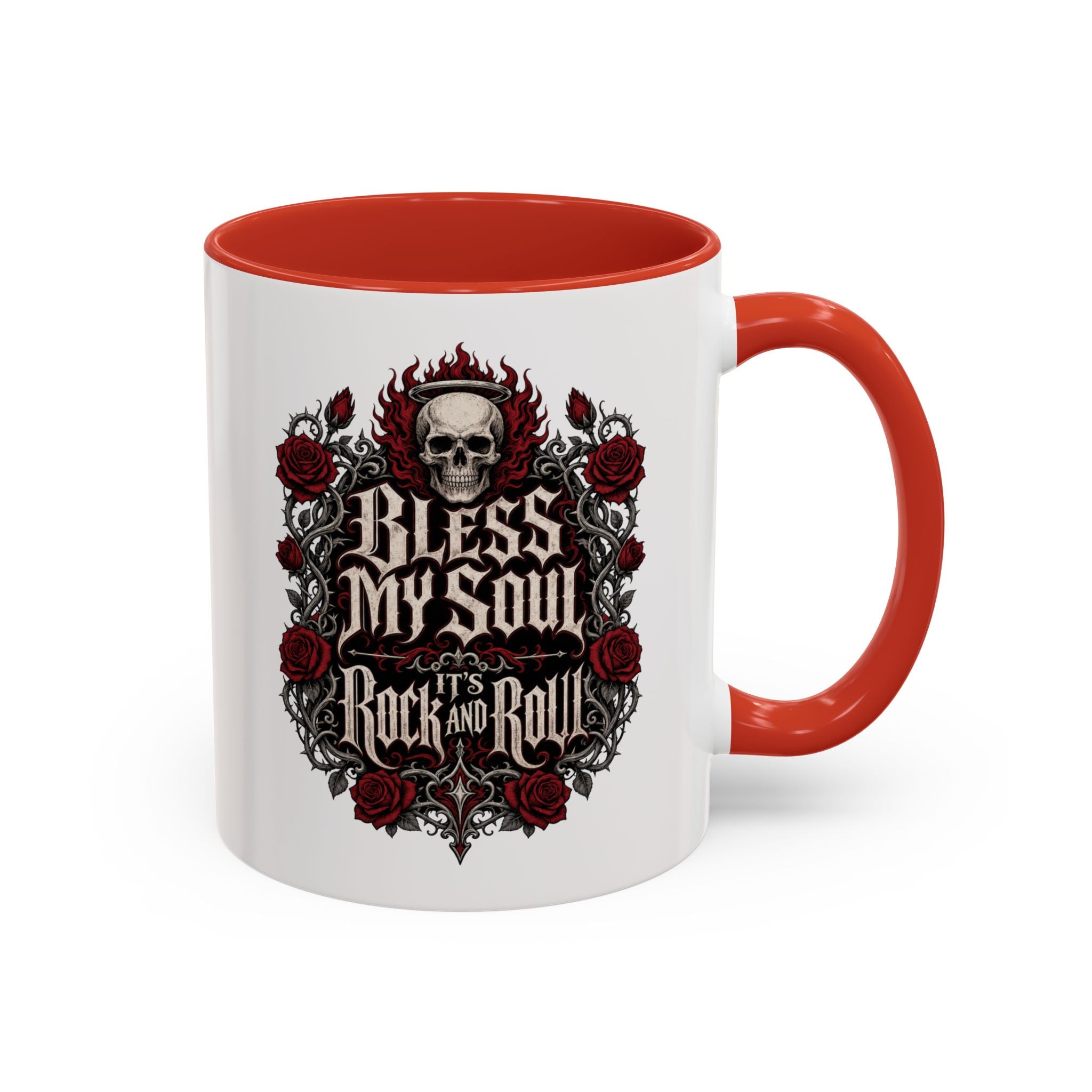 Rock & Roll Coffee Mug — "Bless My Soul" Skull & Roses Accent Mug