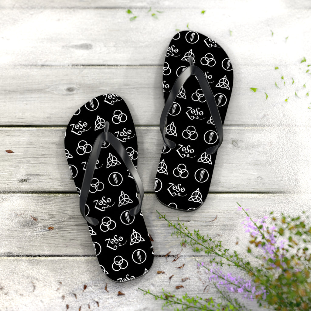 Led Zeppelin symbols Logo Flip Flops — Black & White Rock Star Beach Sandals