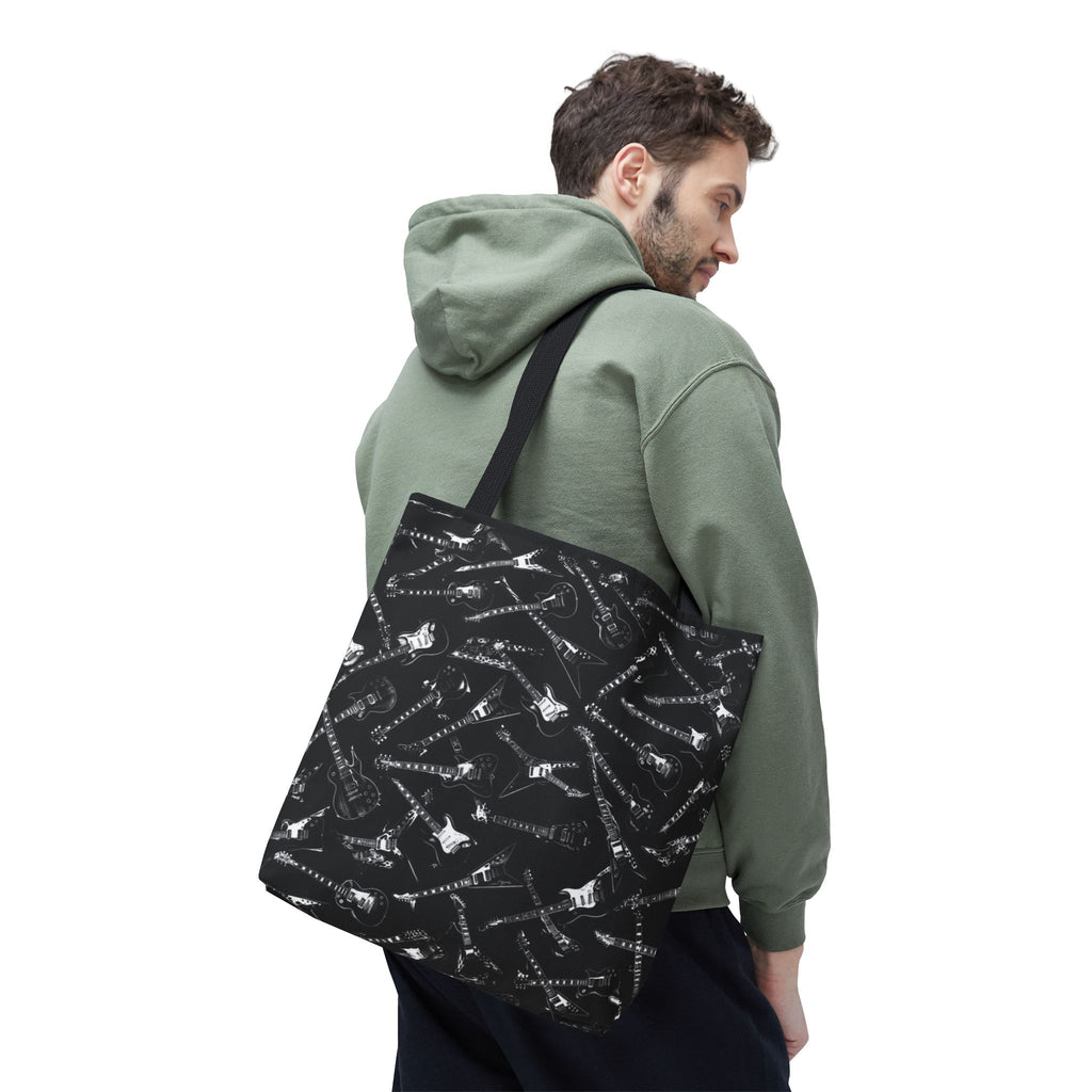 Black Guitar Pattern Tote Bag — Rock Music Instrument All-Over Print