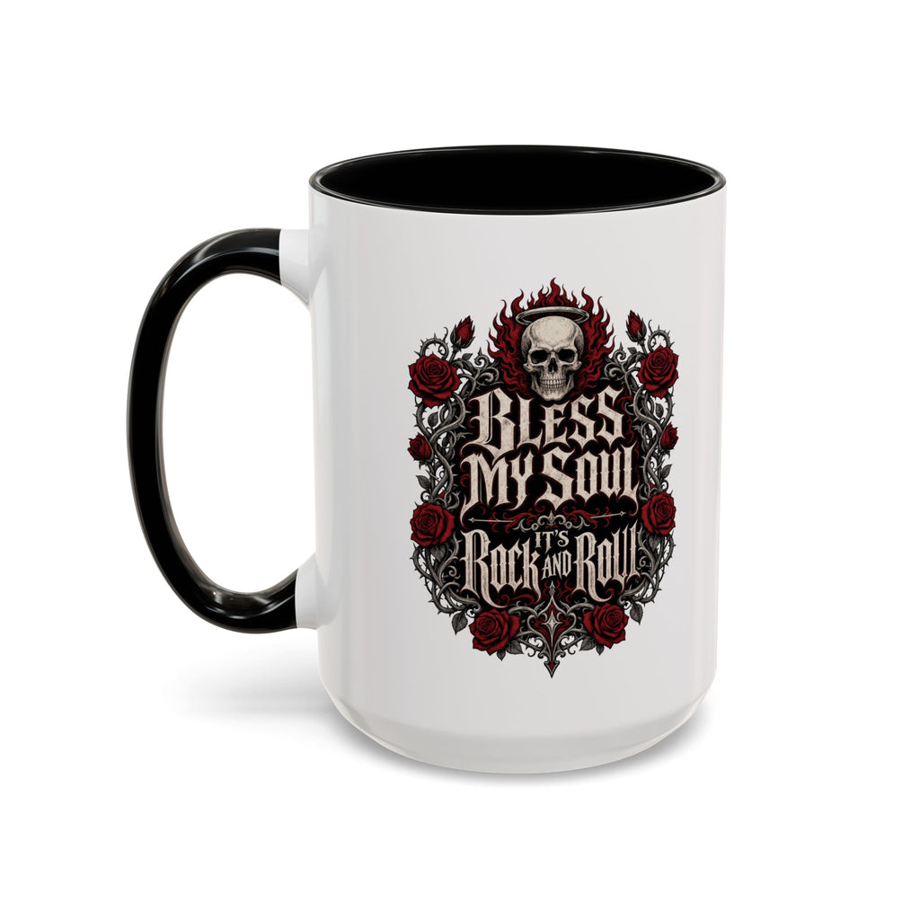 Rock & Roll Coffee Mug — "Bless My Soul" Skull & Roses Accent Mug
