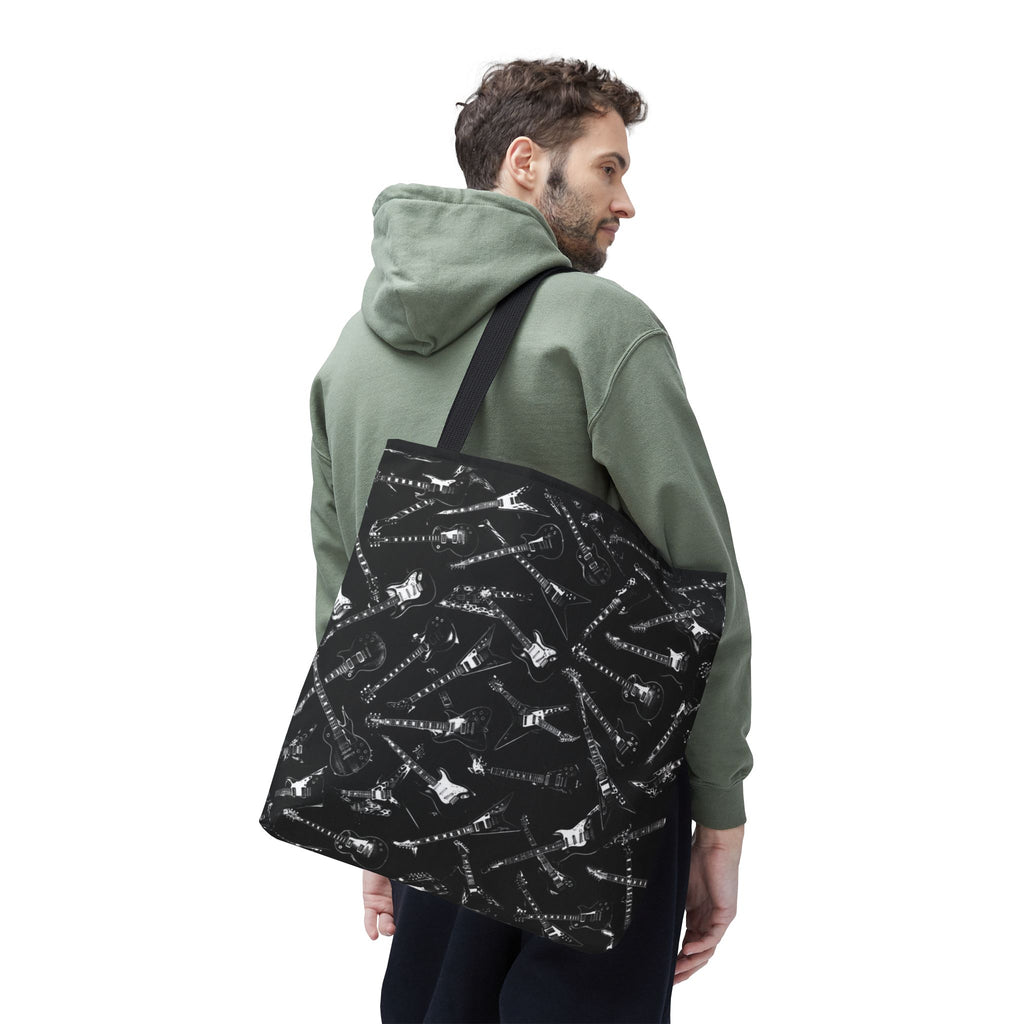 Black Guitar Pattern Tote Bag — Rock Music Instrument All-Over Print