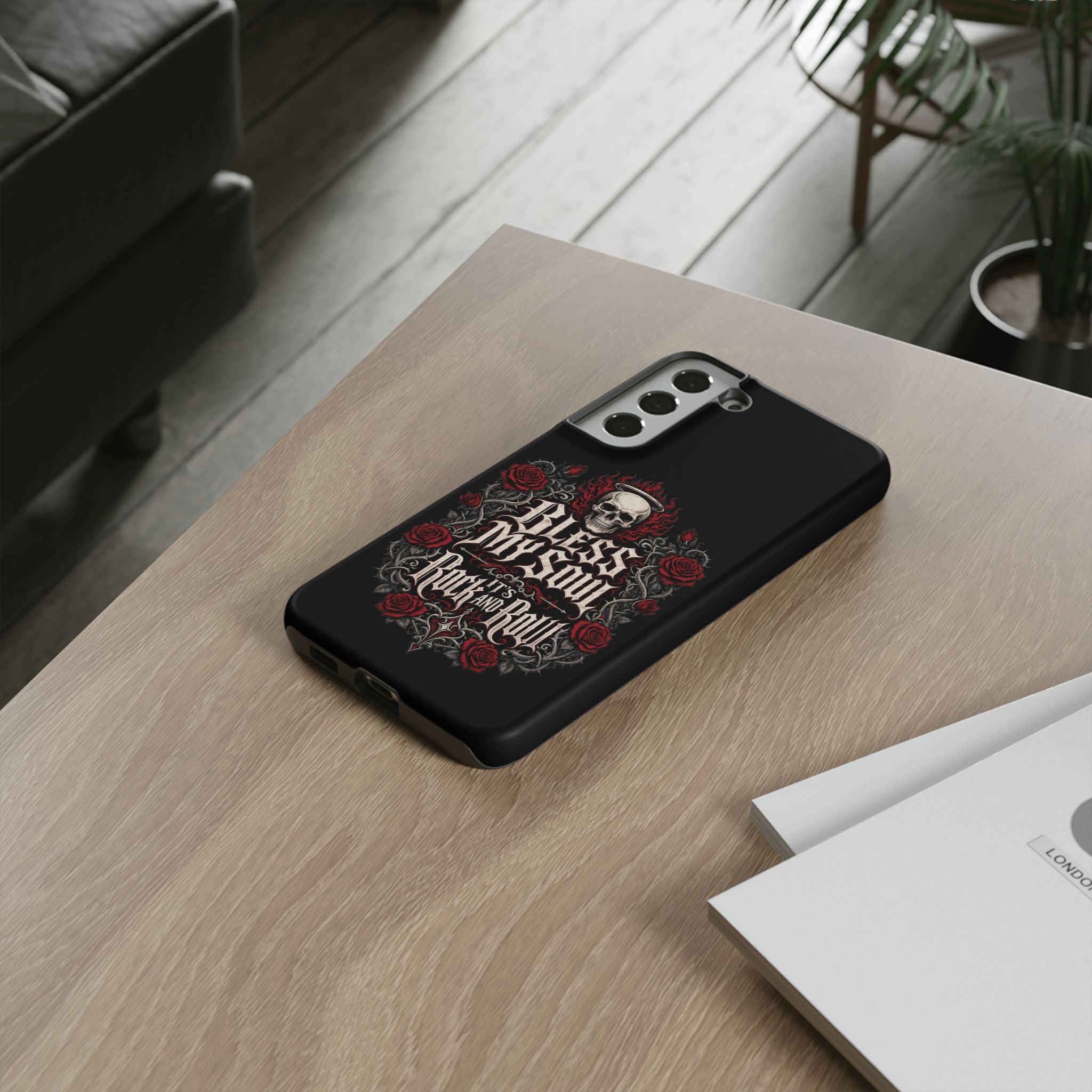 Bless My Soul Rock and Roll Phone Case — Gothic Skull & Roses Tough Case