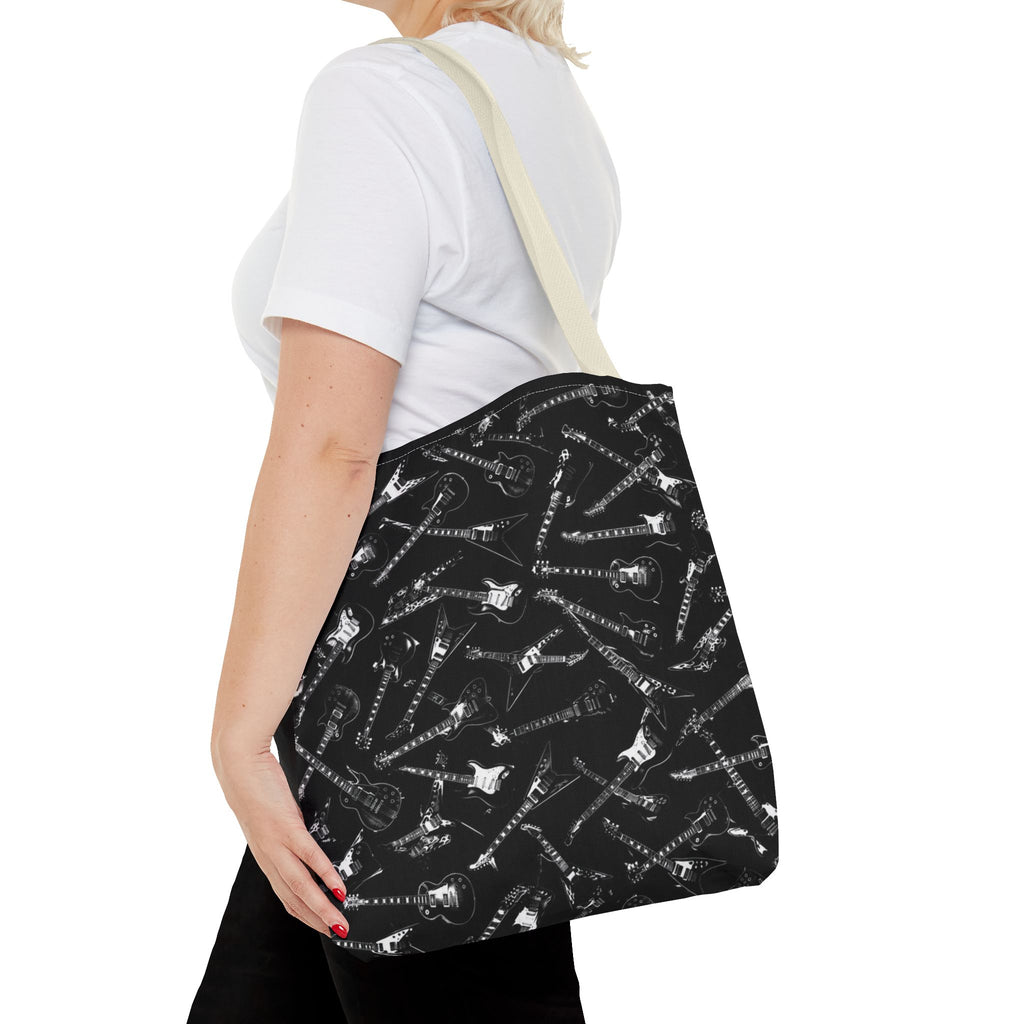 Black Guitar Pattern Tote Bag — Rock Music Instrument All-Over Print