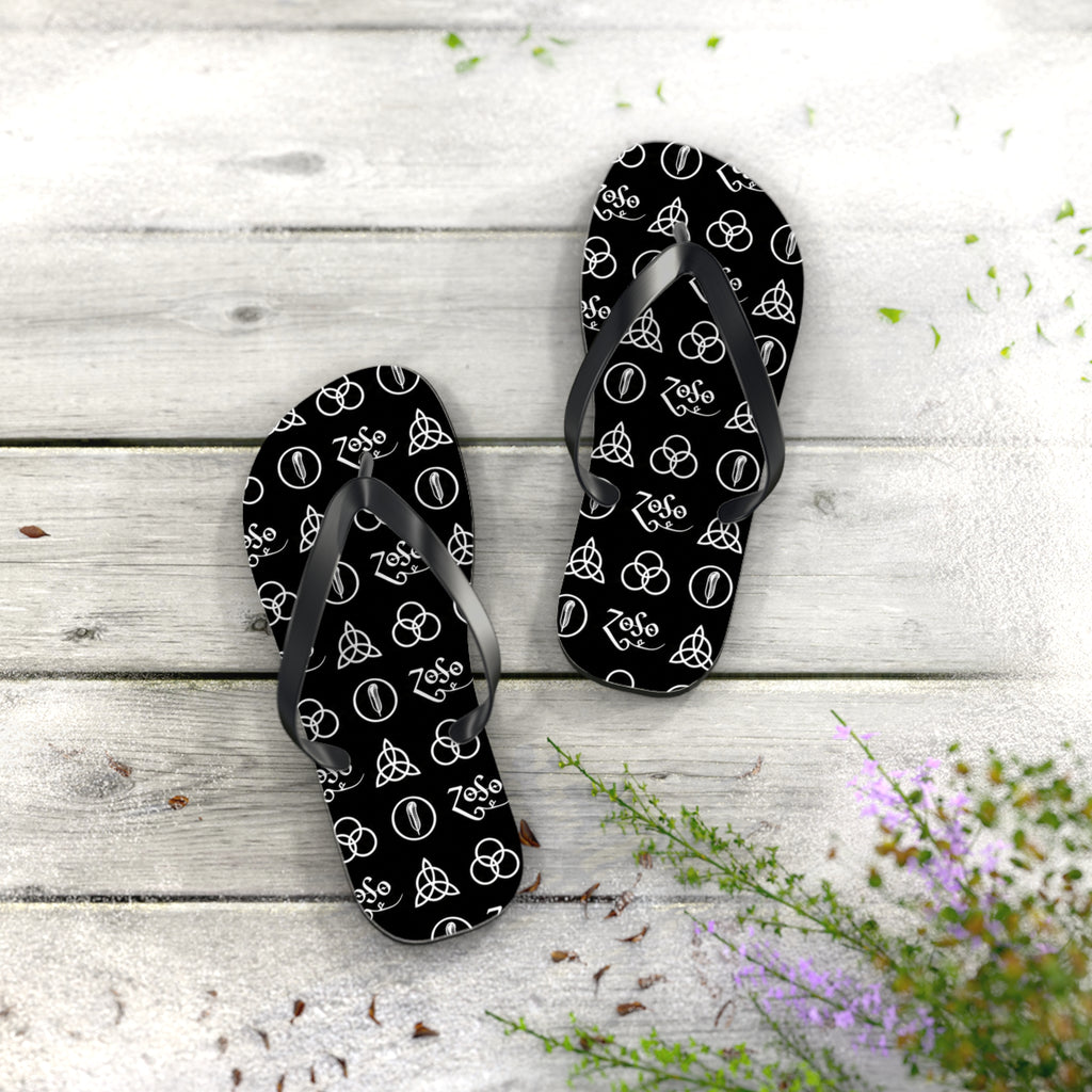 Led Zeppelin symbols Logo Flip Flops — Black & White Rock Star Beach Sandals