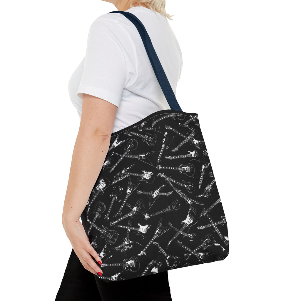Black Guitar Pattern Tote Bag — Rock Music Instrument All-Over Print