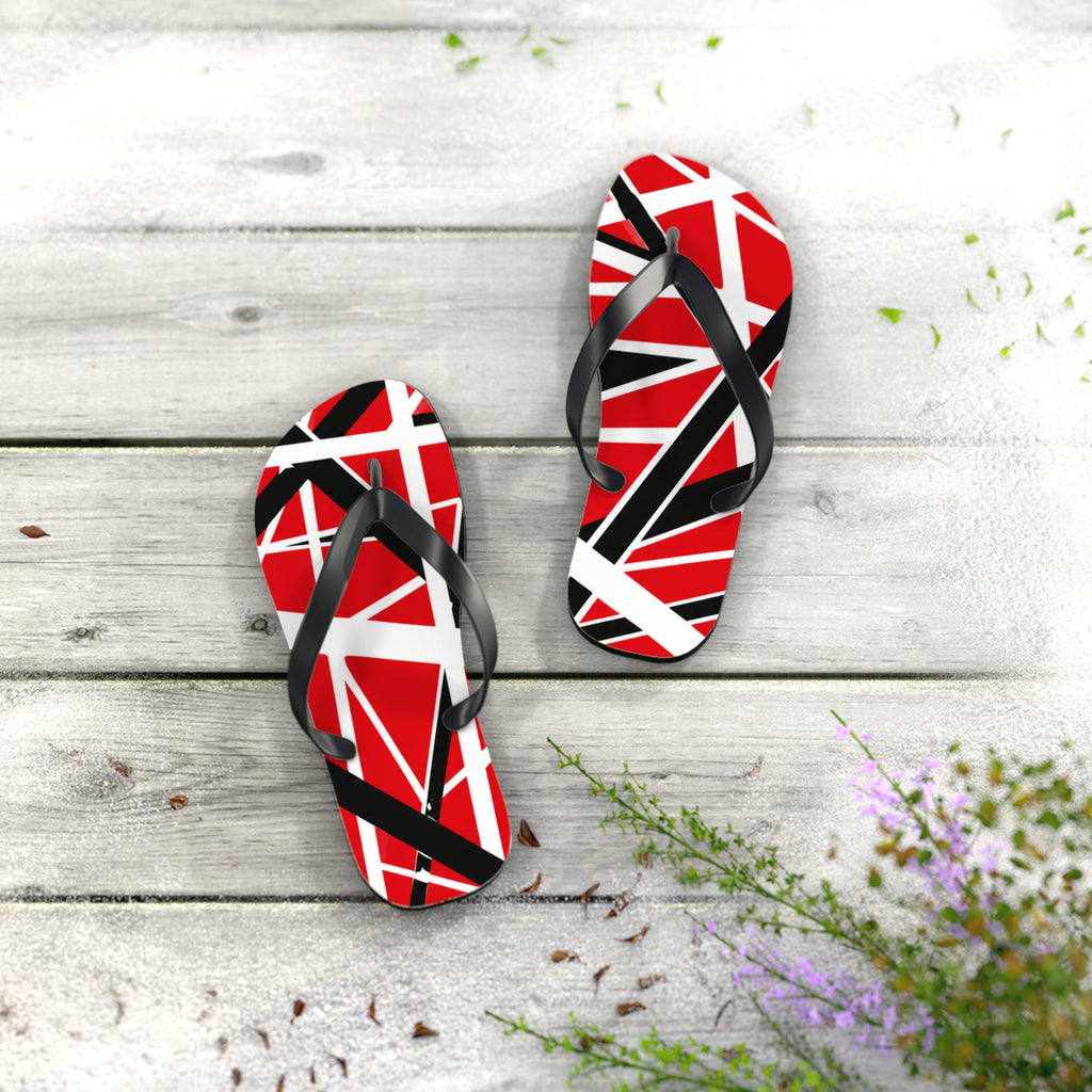EVH Van Halen Tribute bold Flip Flops — Red Black Geometric Abstract Stripe Summer Sandals