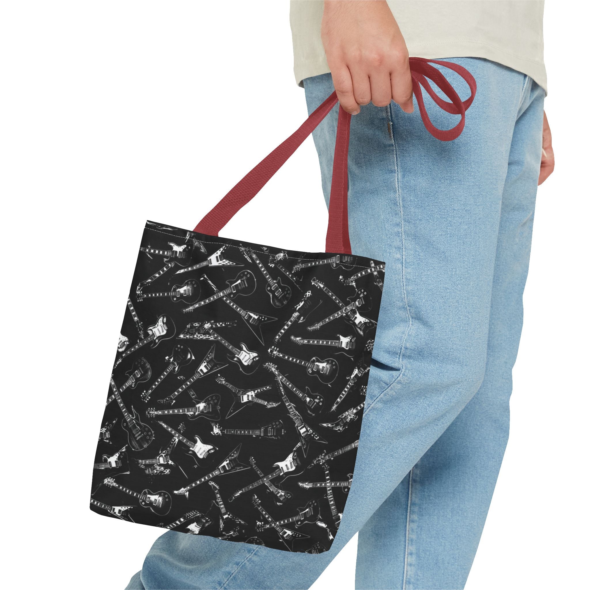 Black Guitar Pattern Tote Bag — Rock Music Instrument All-Over Print