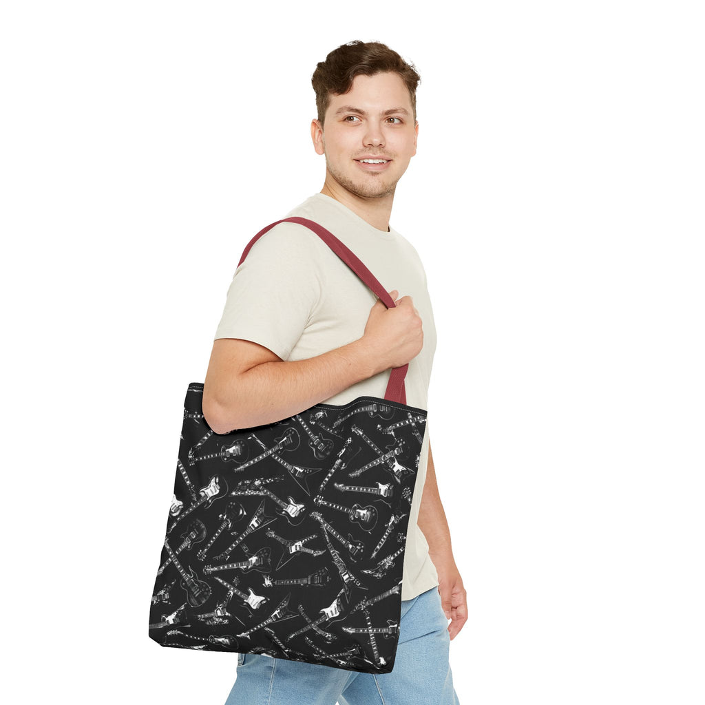 Black Guitar Pattern Tote Bag — Rock Music Instrument All-Over Print