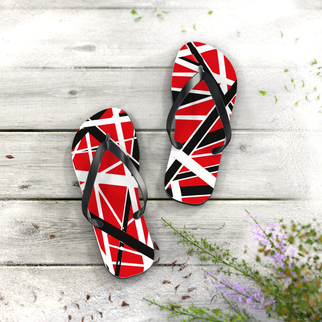 EVH Van Halen Tribute bold Flip Flops — Red Black Geometric Abstract Stripe Summer Sandals