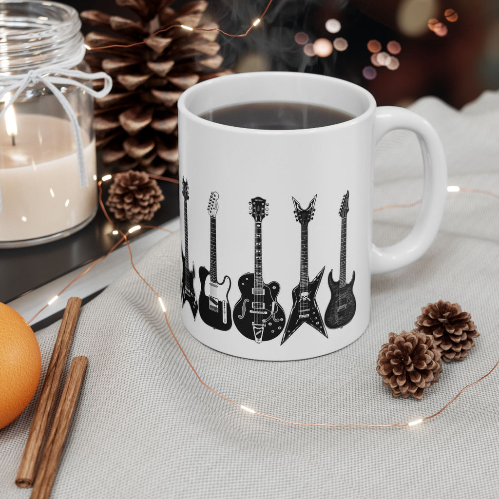 Electric Guitar Silhouette Ceramic Mug — Rock Music Coffee Cup (11oz, 15oz)